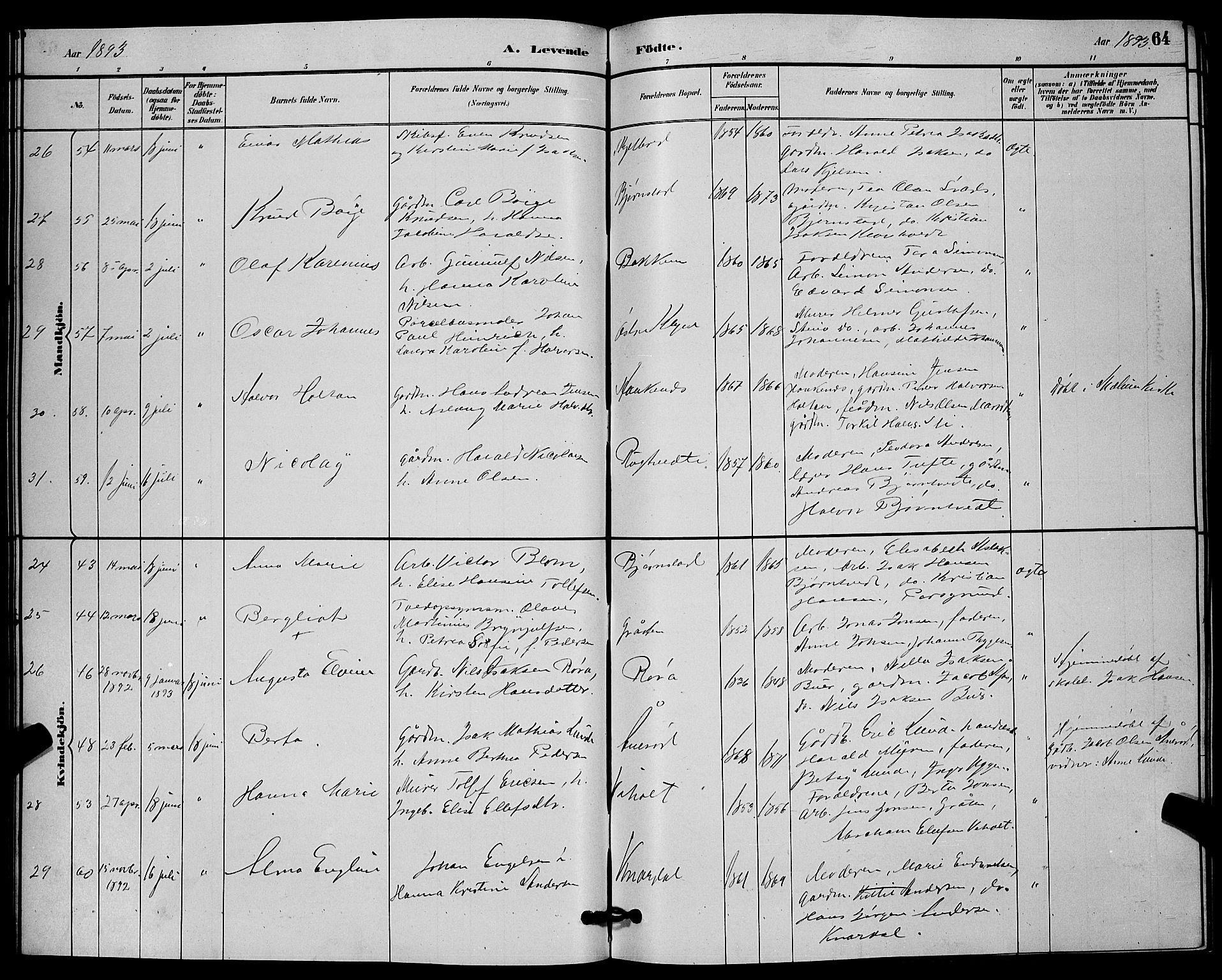 Solum kirkebøker, AV/SAKO-A-306/G/Ga/L0007: Klokkerbok nr. I 7, 1884-1898, s. 64