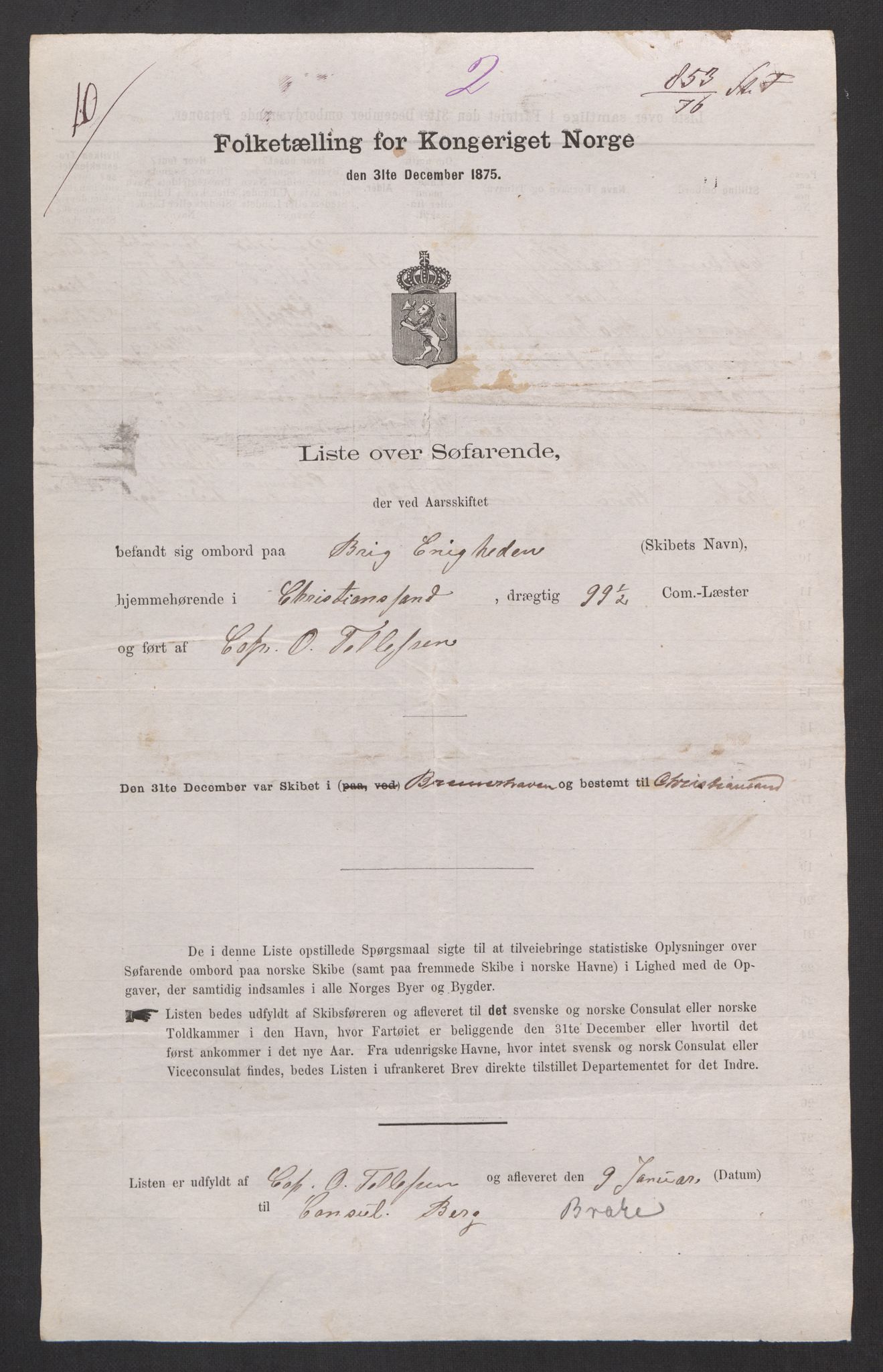 RA, Folketelling 1875, skipslister: Skip i utenrikske havner, hjemmehørende i 1) byer og ladesteder, Grimstad - Tromsø, 2) landdistrikter, 1875, s. 238