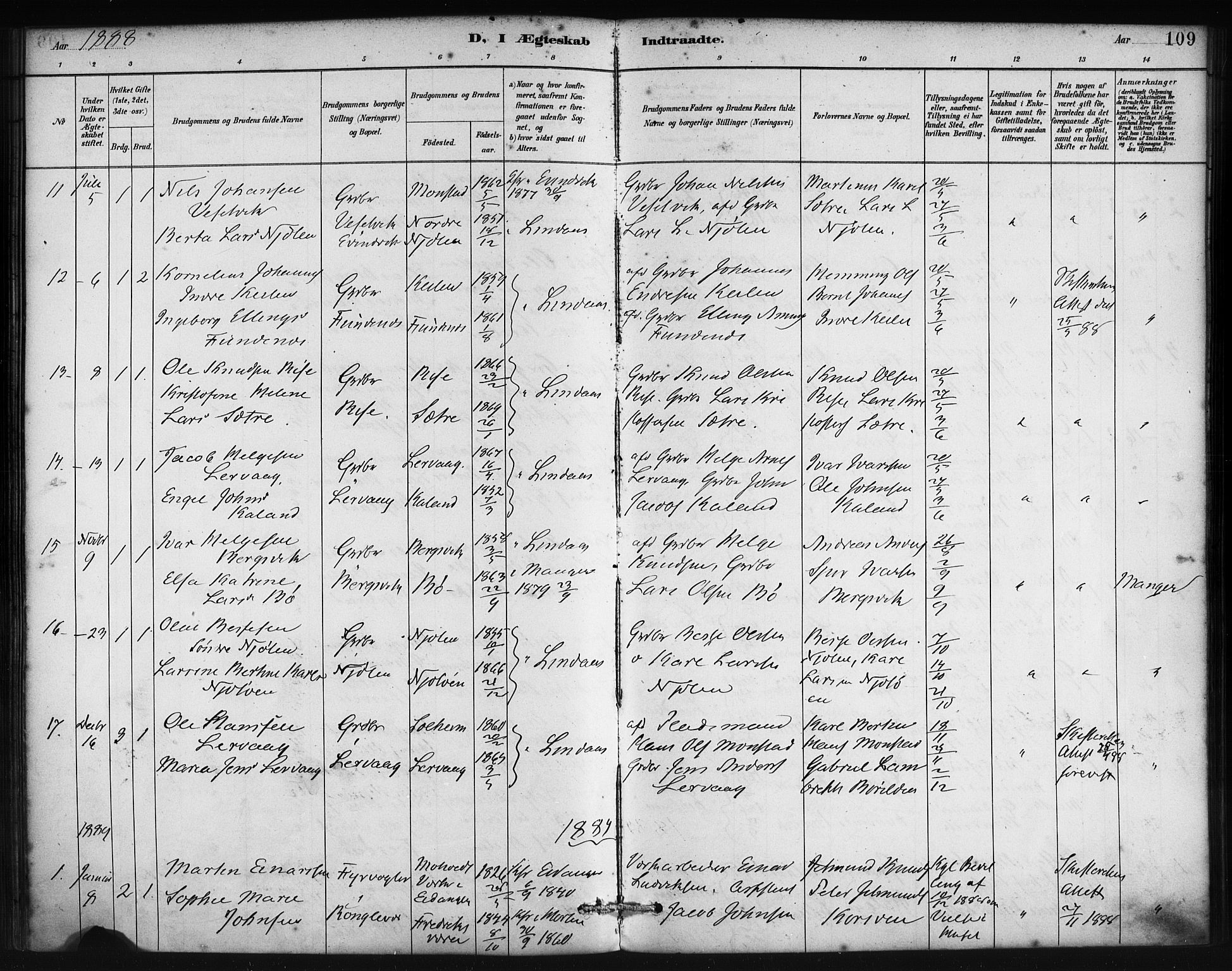 Lindås Sokneprestembete, AV/SAB-A-76701/H/Haa/Haac/L0001: Ministerialbok nr. C 1, 1886-1896, s. 109