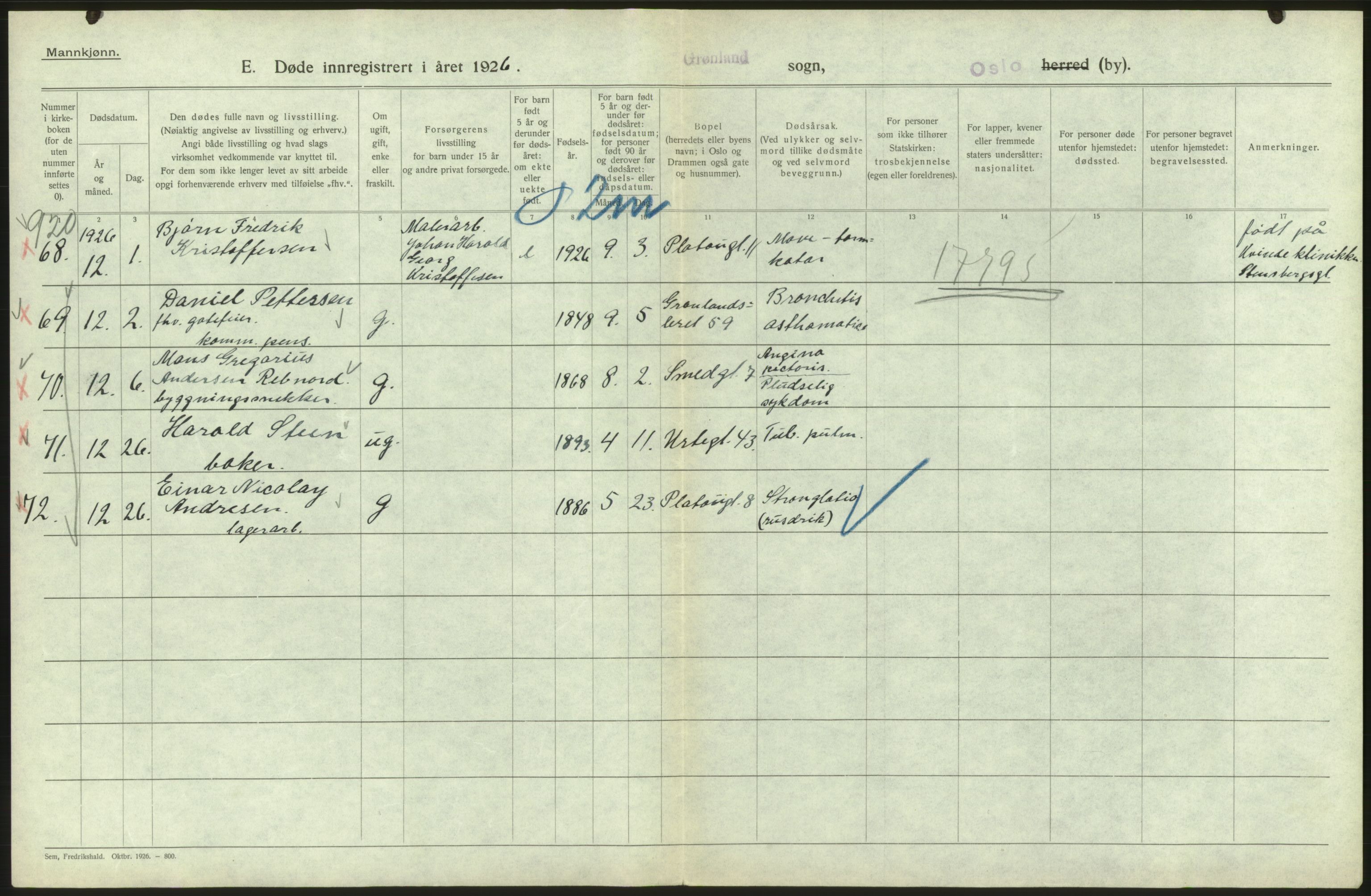 Statistisk sentralbyrå, Sosiodemografiske emner, Befolkning, AV/RA-S-2228/D/Df/Dfc/Dfcf/L0009: Oslo: Døde menn, 1926, s. 312