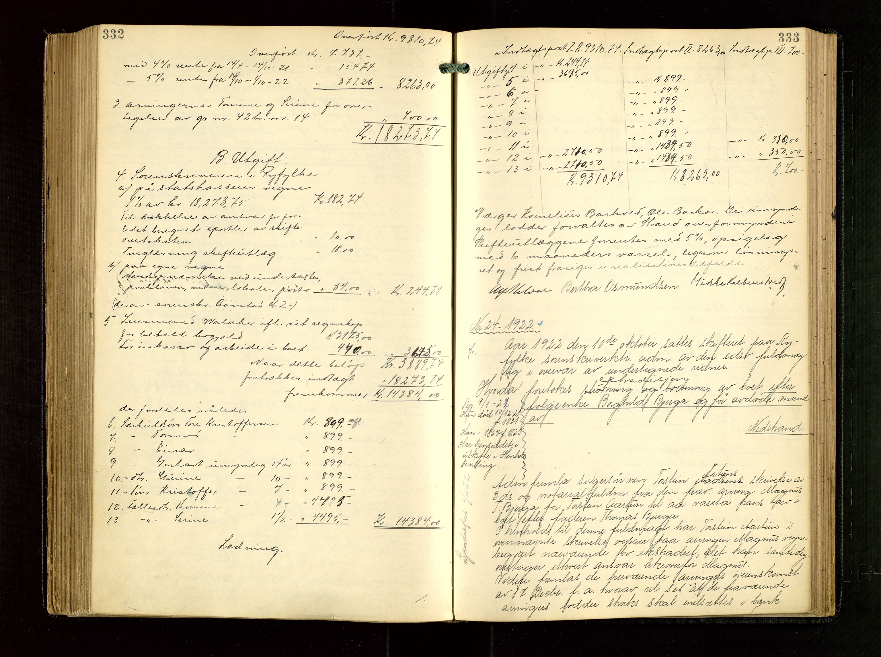 Ryfylke tingrett, AV/SAST-A-100055/001/IV/IVG/L0005: Skifteudlodningsprotokoll Med register, 1918-1924, s. 332-333