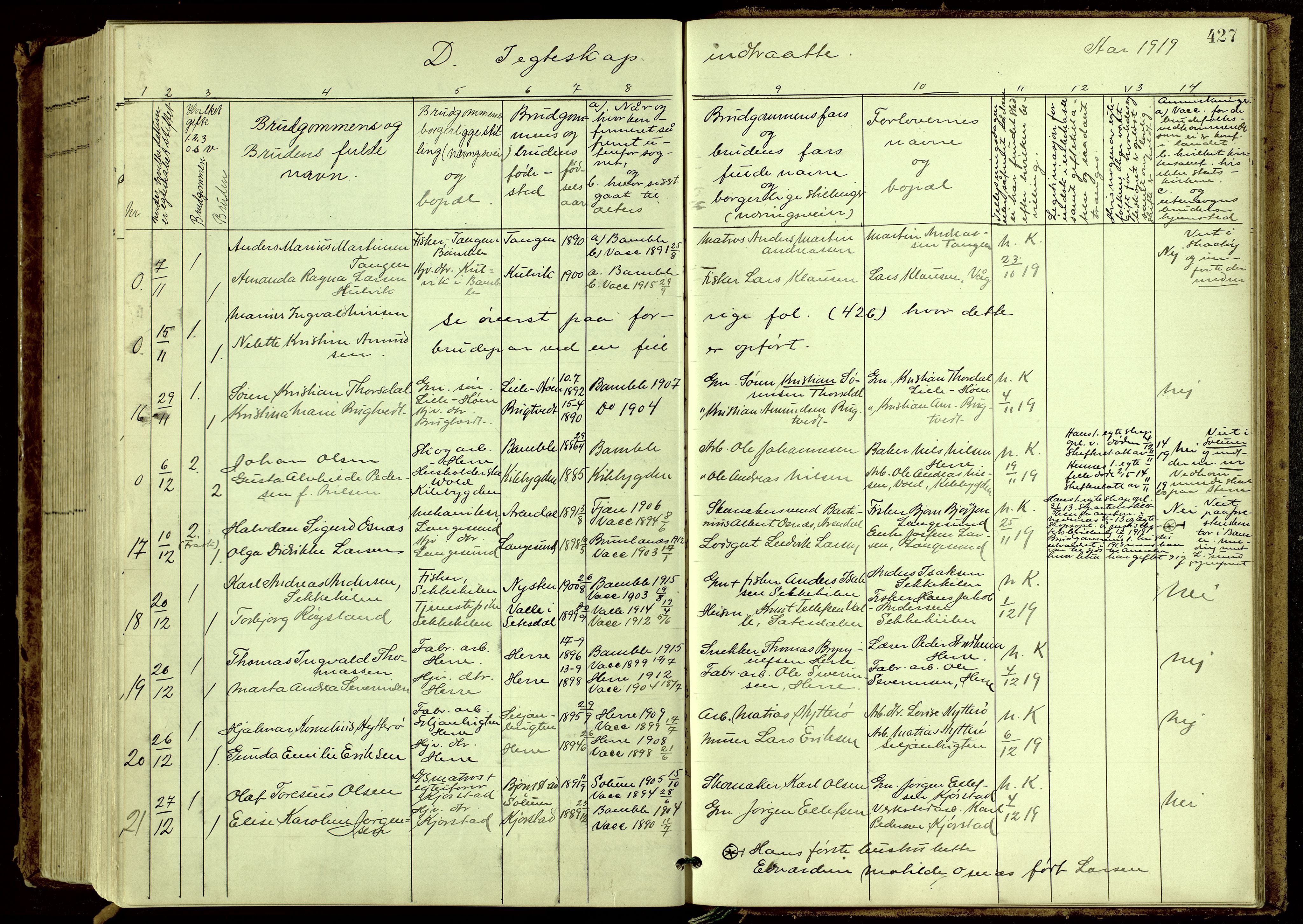 Bamble kirkebøker, AV/SAKO-A-253/G/Ga/L0010: Klokkerbok nr. I 10, 1901-1919, s. 427