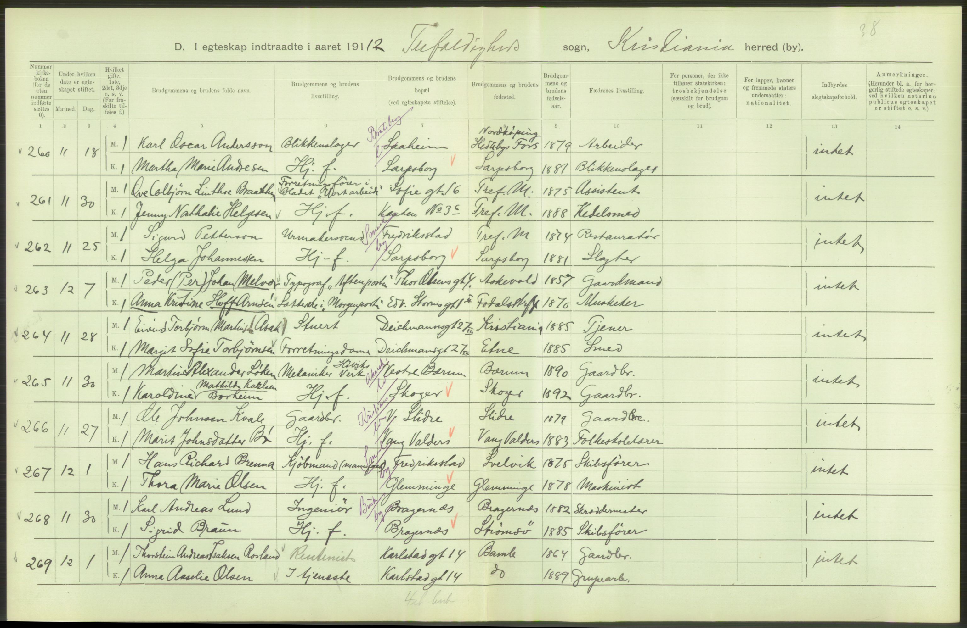 Statistisk sentralbyrå, Sosiodemografiske emner, Befolkning, AV/RA-S-2228/D/Df/Dfb/Dfbb/L0008: Kristiania: Gifte, 1912, s. 606