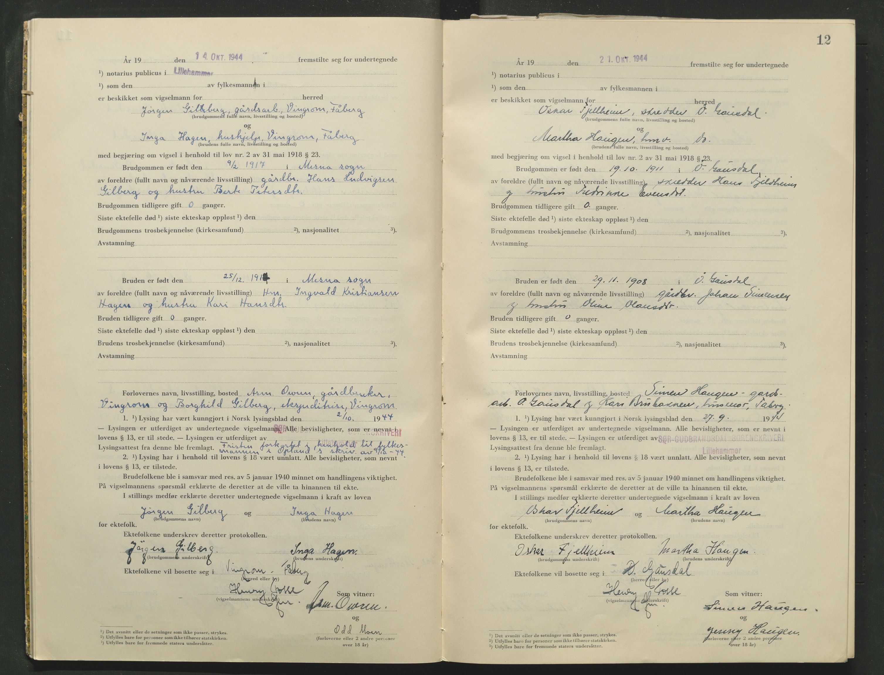 Sør-Gudbrandsdal tingrett, AV/SAH-TING-004/L/Lc/L0005: Vigselsprotokoll, 1944-1946, s. 12