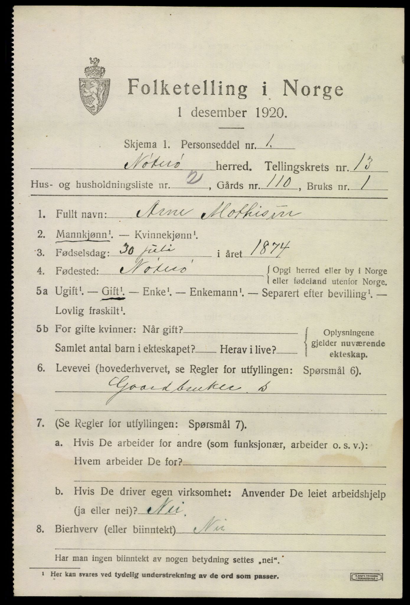 SAKO, Folketelling 1920 for 0722 Nøtterøy herred, 1920, s. 15185