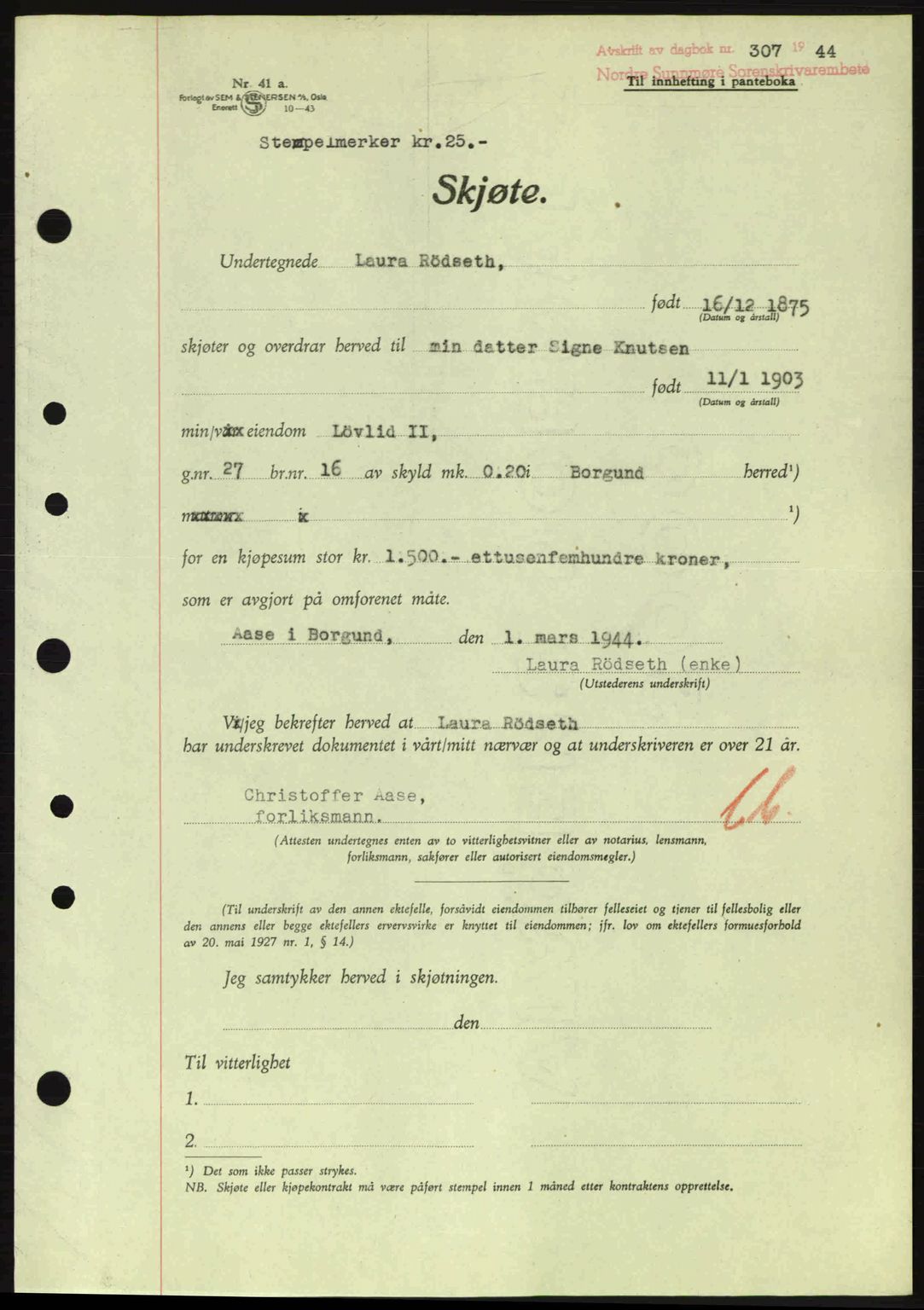 Nordre Sunnmøre sorenskriveri, AV/SAT-A-0006/1/2/2C/2Ca: Pantebok nr. A17, 1943-1944, Dagboknr: 307/1944