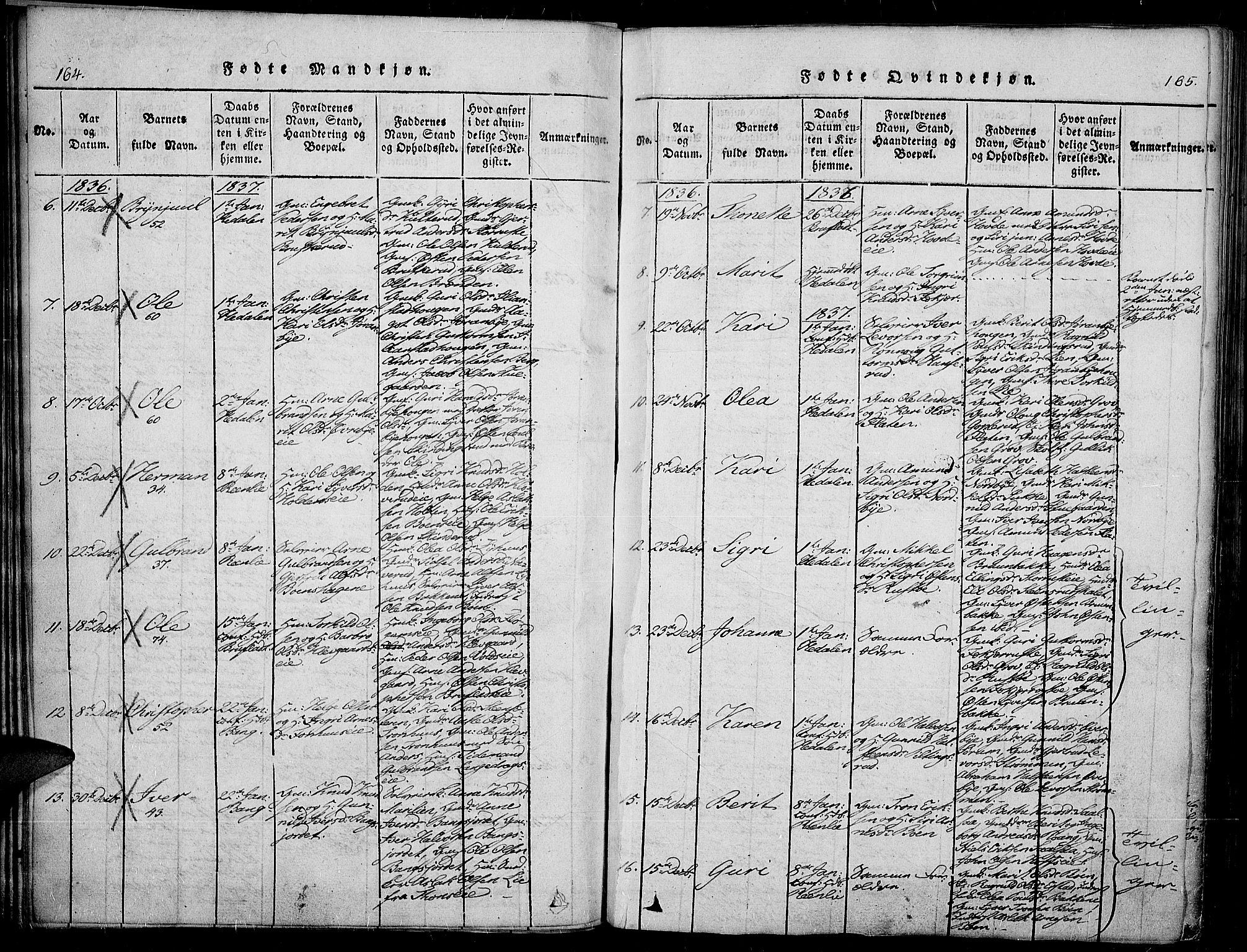 Sør-Aurdal prestekontor, SAH/PREST-128/H/Ha/Haa/L0003: Ministerialbok nr. 3, 1825-1840, s. 164-165