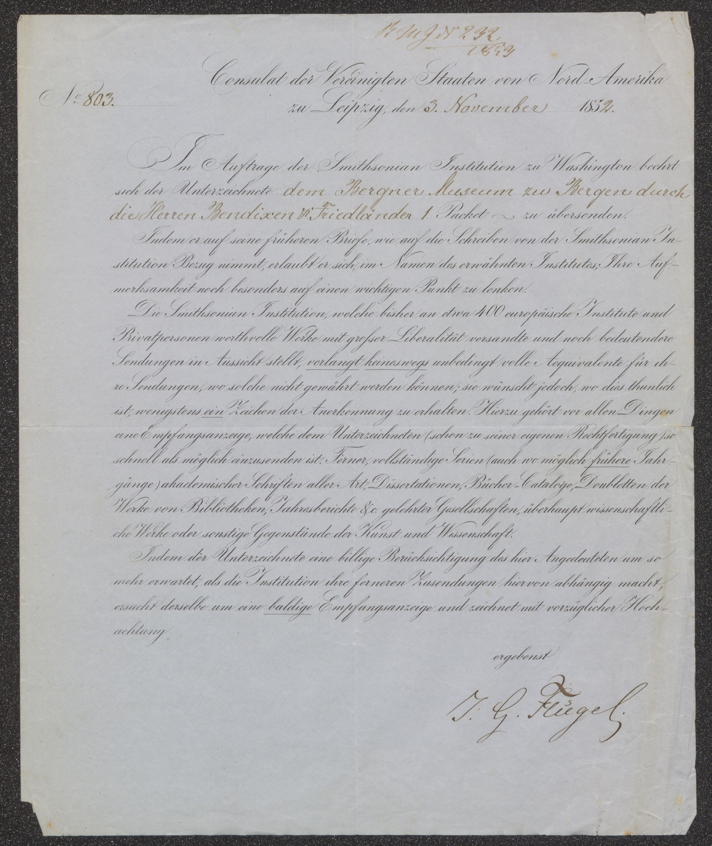 Bergens Museum. Direksjonen/ styret, UMB/A007/D/Db/L0001/0004: Innkommende brev 1850 -1854 / Innkommende brev, 1852-1853