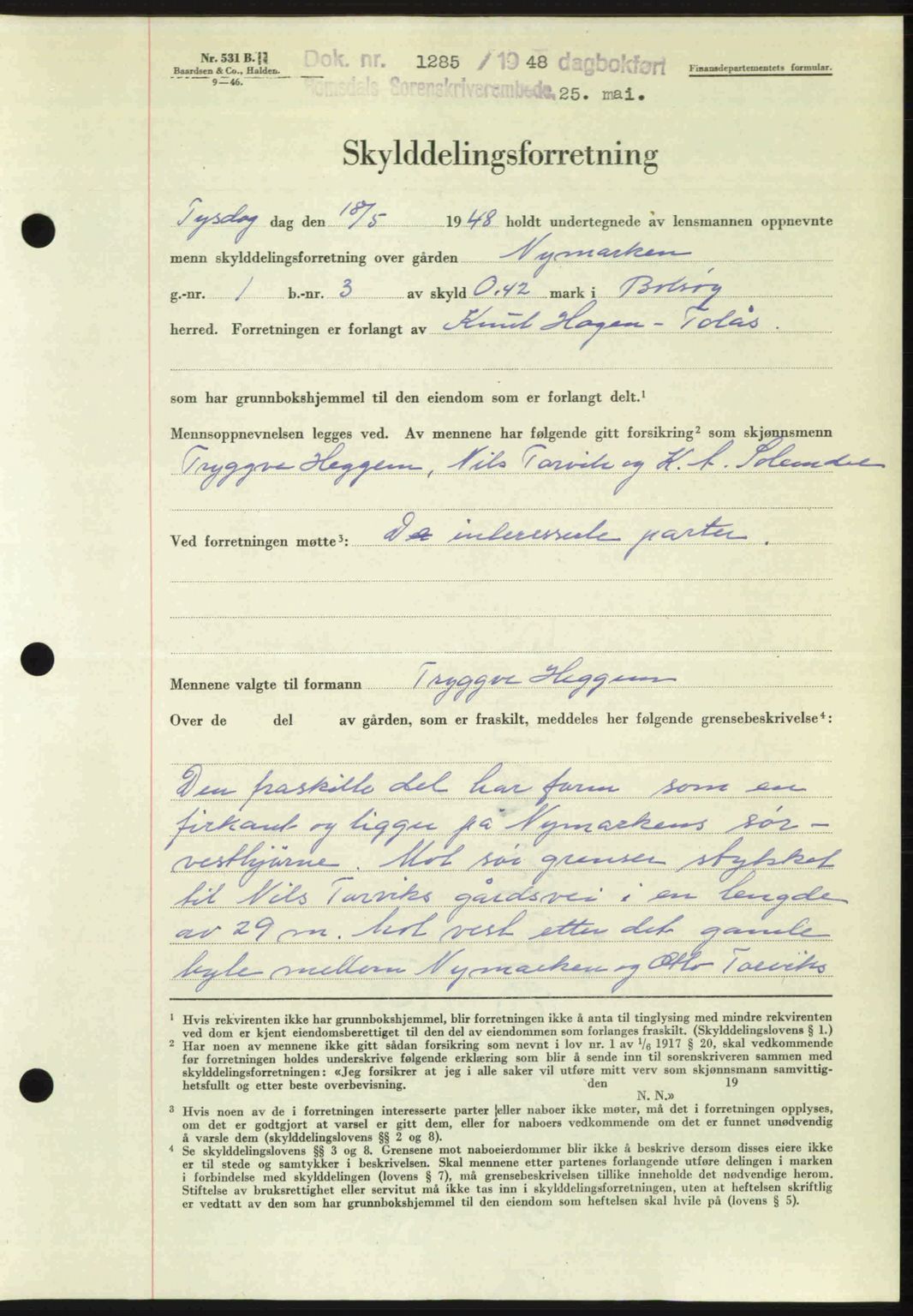 Romsdal sorenskriveri, SAT/A-4149/1/2/2C: Pantebok nr. A26, 1948-1948, Dagboknr: 1285/1948