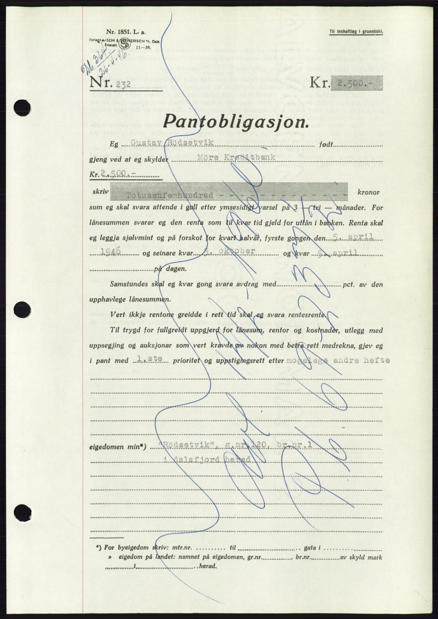 Søre Sunnmøre sorenskriveri, AV/SAT-A-4122/1/2/2C/L0114: Pantebok nr. 1-2B, 1943-1947, Dagboknr: 364/1946