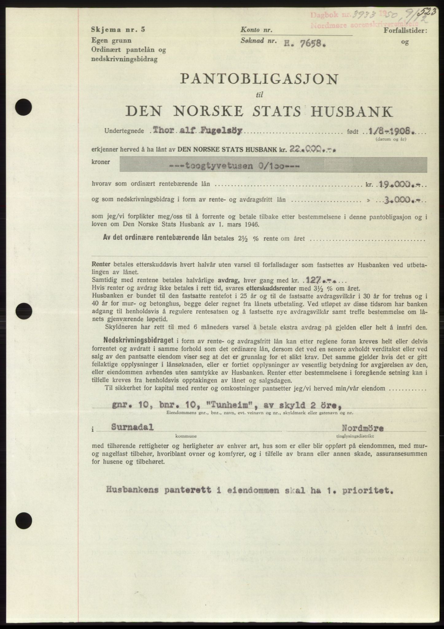 Nordmøre sorenskriveri, SAT/A-4132/1/2/2Ca: Pantebok nr. B106, 1950-1950, Dagboknr: 3933/1950