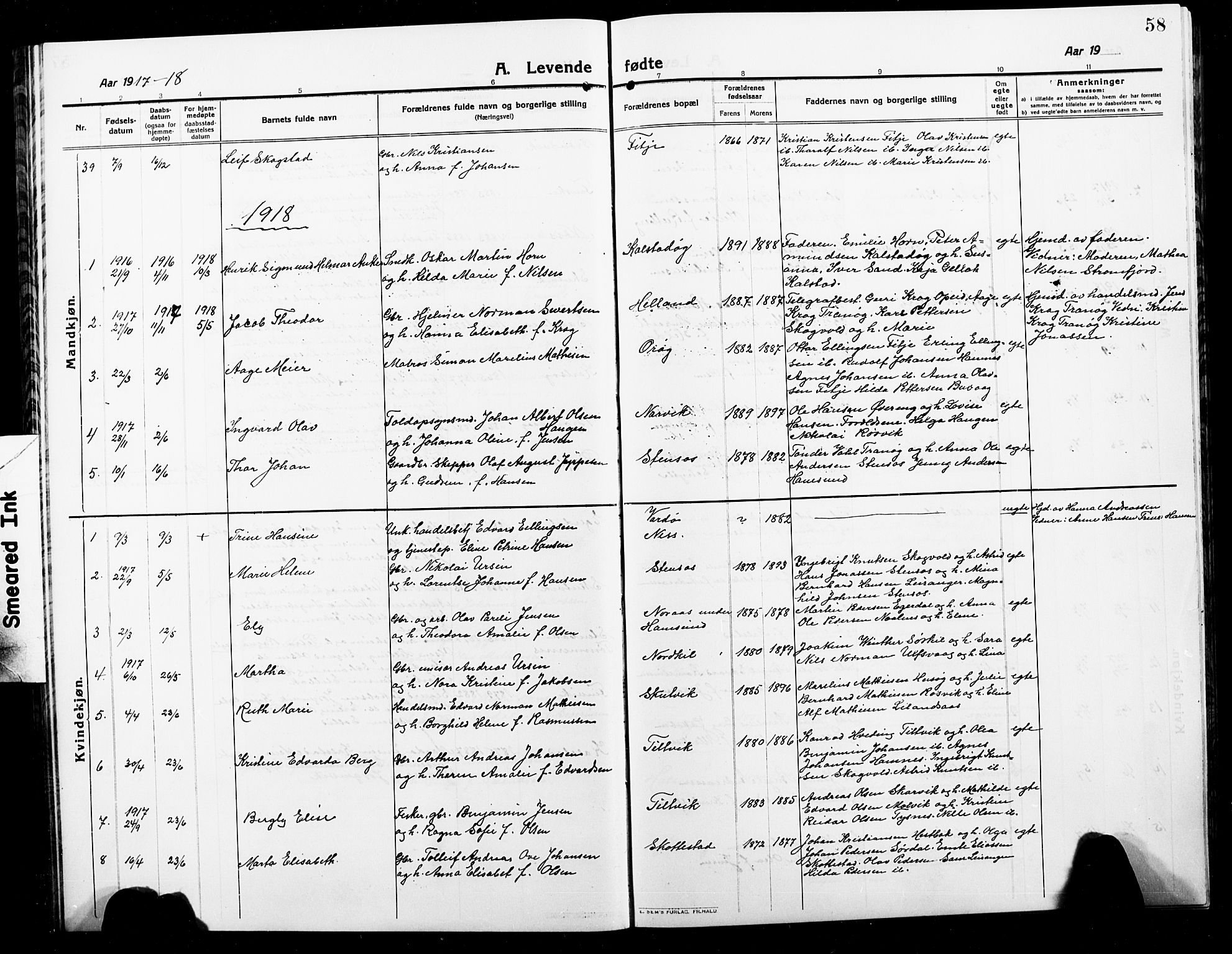 Ministerialprotokoller, klokkerbøker og fødselsregistre - Nordland, AV/SAT-A-1459/859/L0861: Klokkerbok nr. 859C07, 1910-1925, s. 58