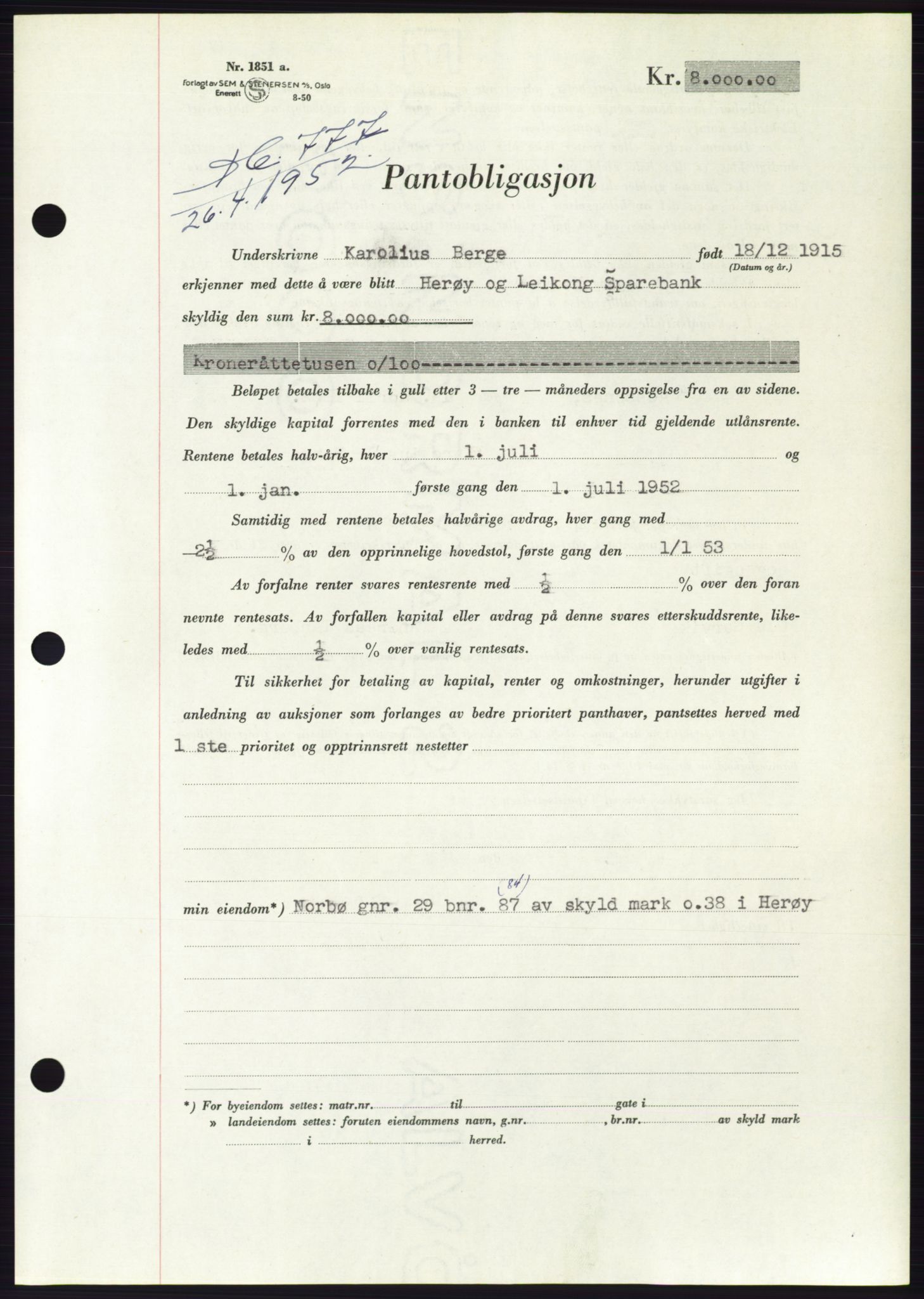 Søre Sunnmøre sorenskriveri, AV/SAT-A-4122/1/2/2C/L0121: Pantebok nr. 9B, 1951-1952, Dagboknr: 777/1952