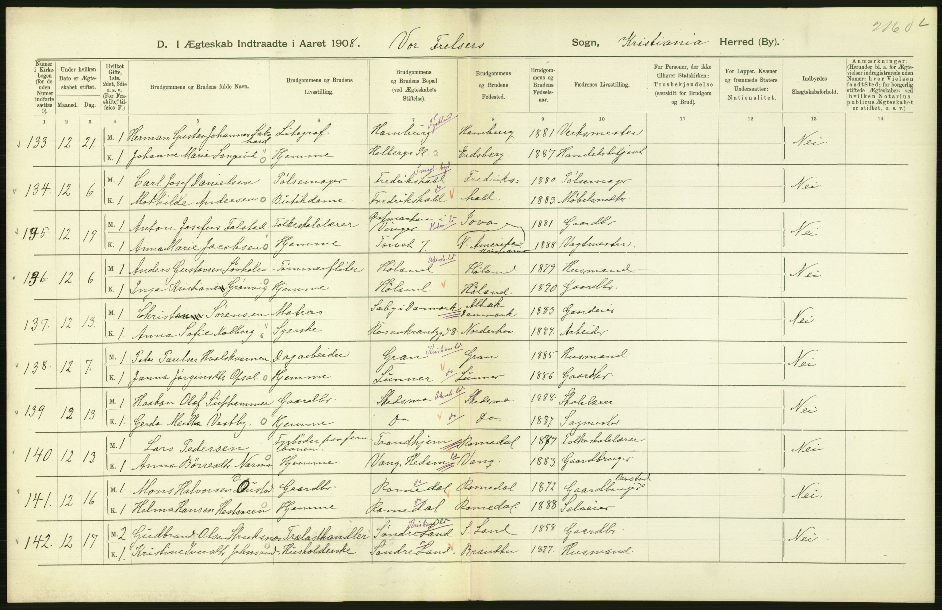 Statistisk sentralbyrå, Sosiodemografiske emner, Befolkning, AV/RA-S-2228/D/Df/Dfa/Dfaf/L0007: Kristiania: Gifte, 1908, s. 138