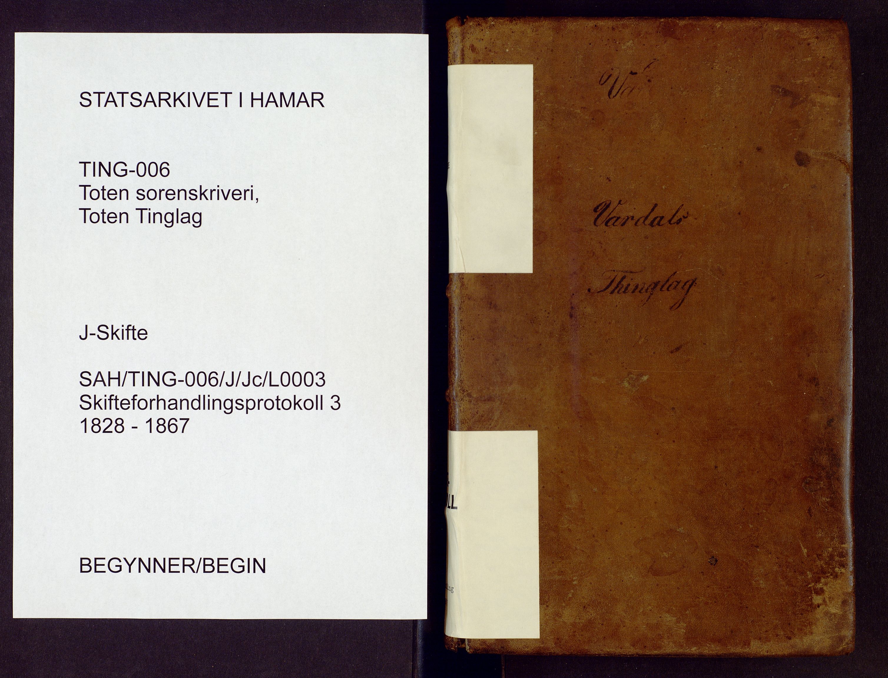 Toten tingrett, SAH/TING-006/J/Jc/L0003: Skiftebehandlingsprotokoll - Vardal, 1828-1867