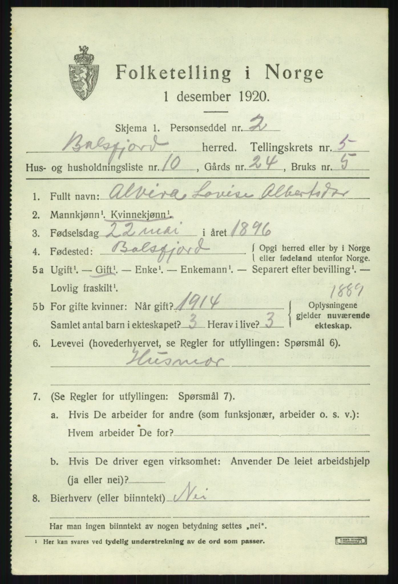 SATØ, Folketelling 1920 for 1933 Balsfjord herred, 1920, s. 3224