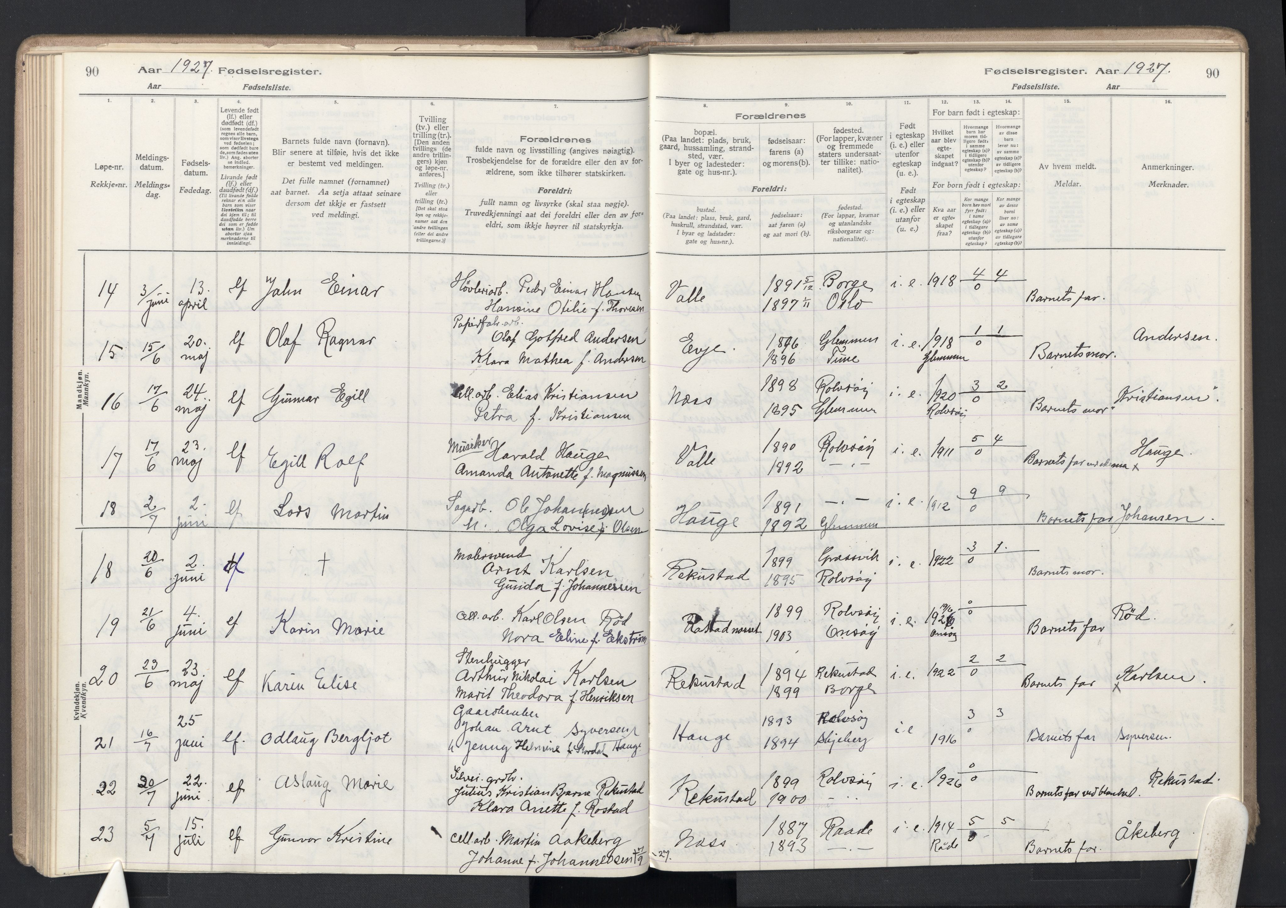 Rolvsøy prestekontor Kirkebøker, AV/SAO-A-2004/J/Ja/L0001: Fødselsregister nr. 1, 1916-1946, s. 90