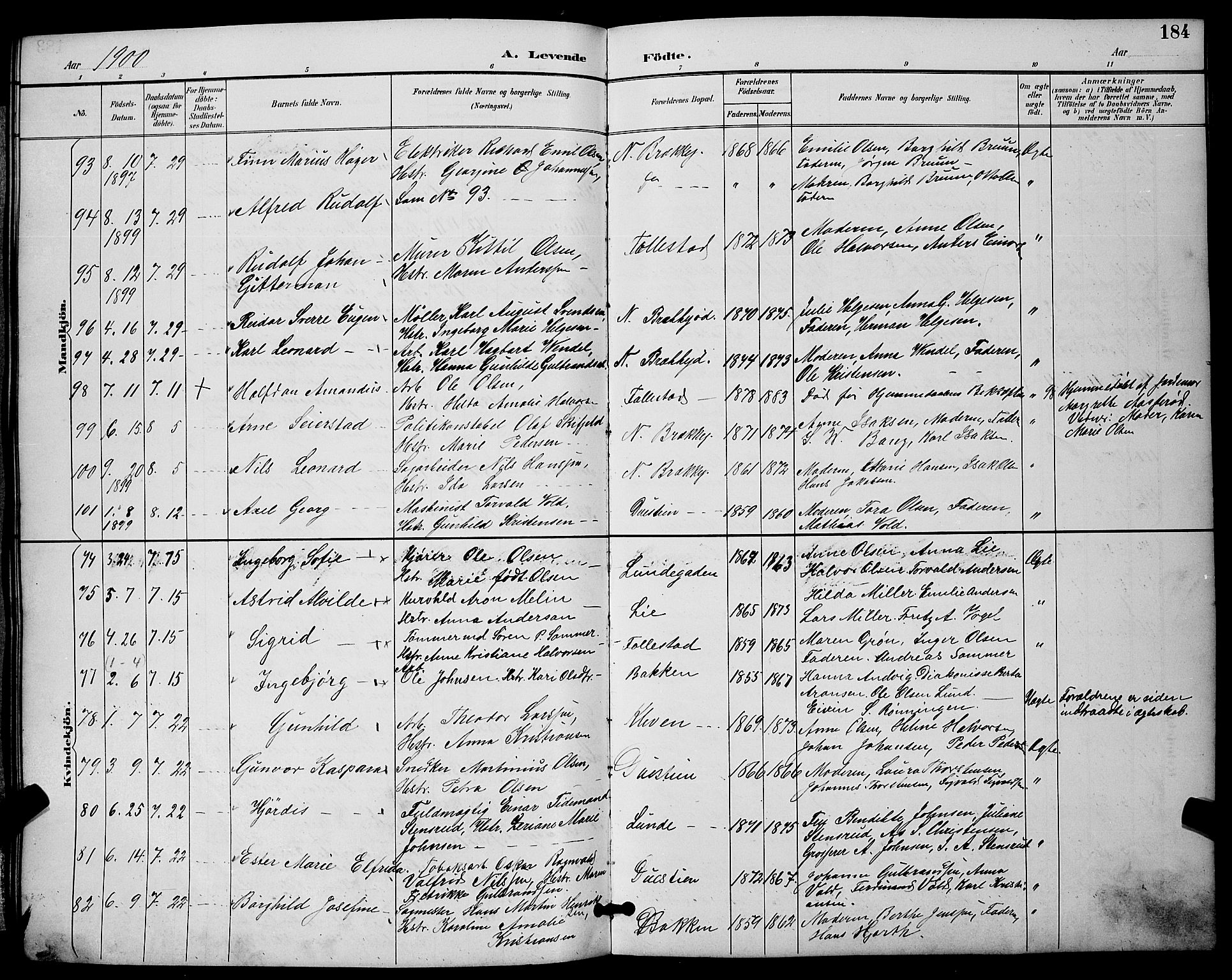 Skien kirkebøker, AV/SAKO-A-302/G/Ga/L0007: Klokkerbok nr. 7, 1891-1900, s. 184
