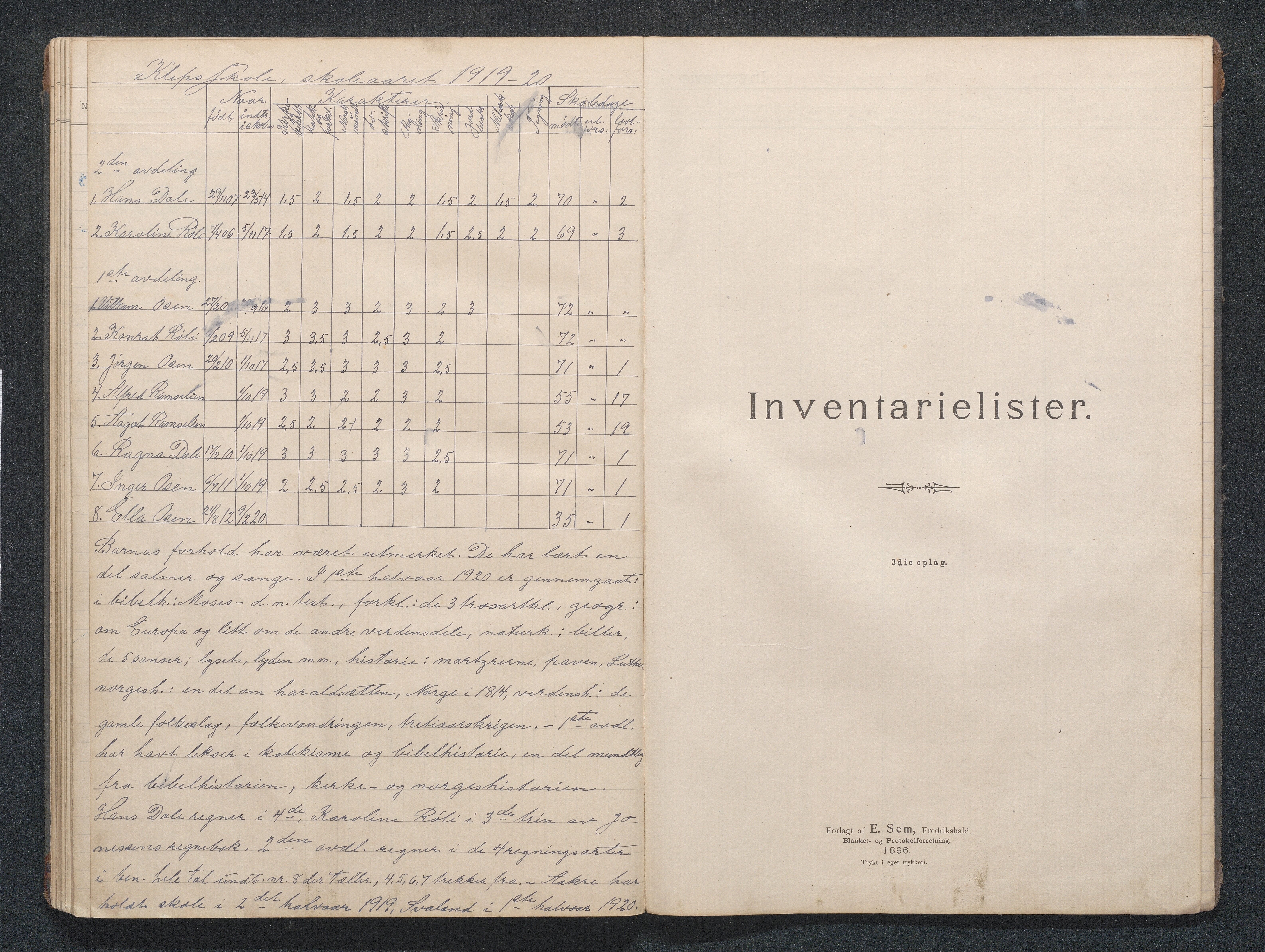 Birkenes kommune, Klepp (Skjærkelen) skolekrets, AAKS/KA0928-550d_91/F01/L0001: Skoleprotokoll, 1897-1922