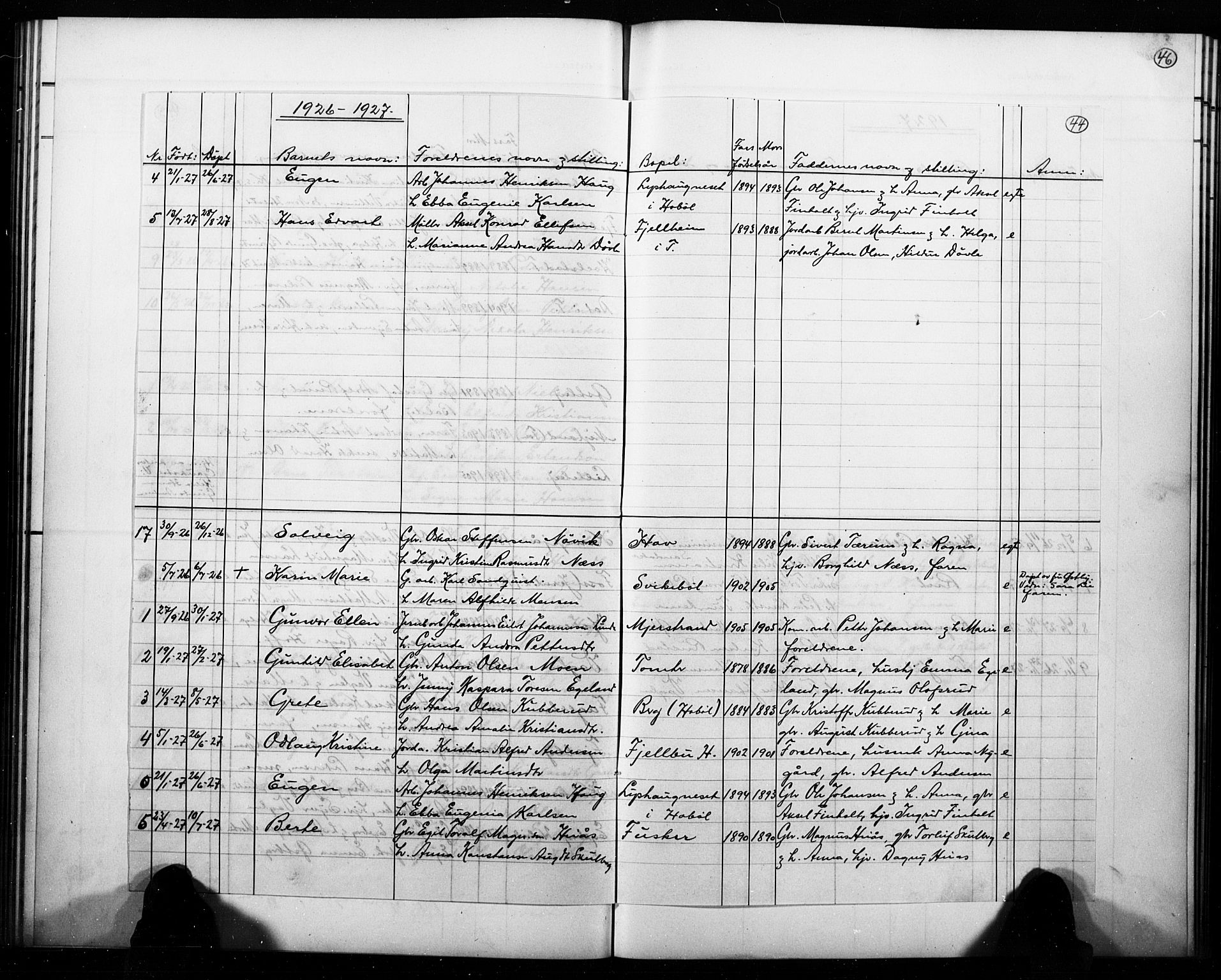 Hobøl prestekontor Kirkebøker, AV/SAO-A-2002/G/Ga/L0001: Klokkerbok nr. I 1, 1905-1927, s. 44
