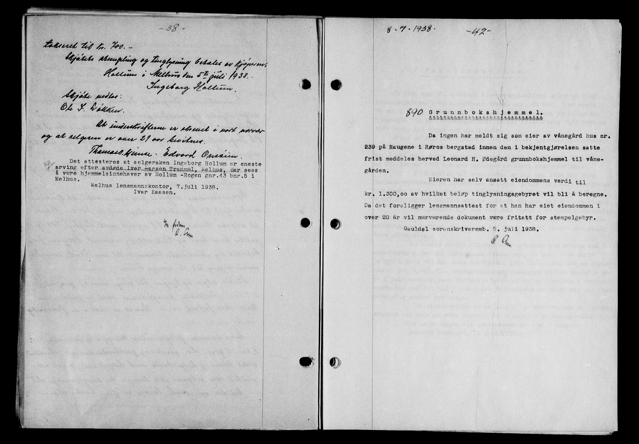 Gauldal sorenskriveri, SAT/A-0014/1/2/2C/L0049: Pantebok nr. 53, 1938-1938, Dagboknr: 890/1938