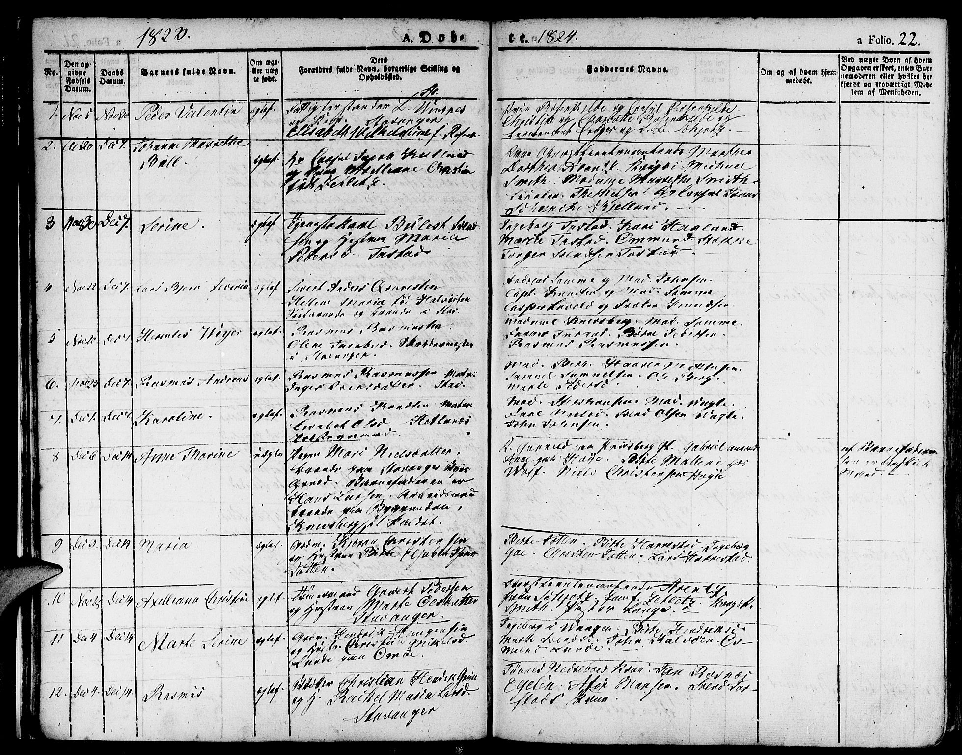Domkirken sokneprestkontor, AV/SAST-A-101812/001/30/30BA/L0009: Ministerialbok nr. A 9, 1821-1832, s. 22