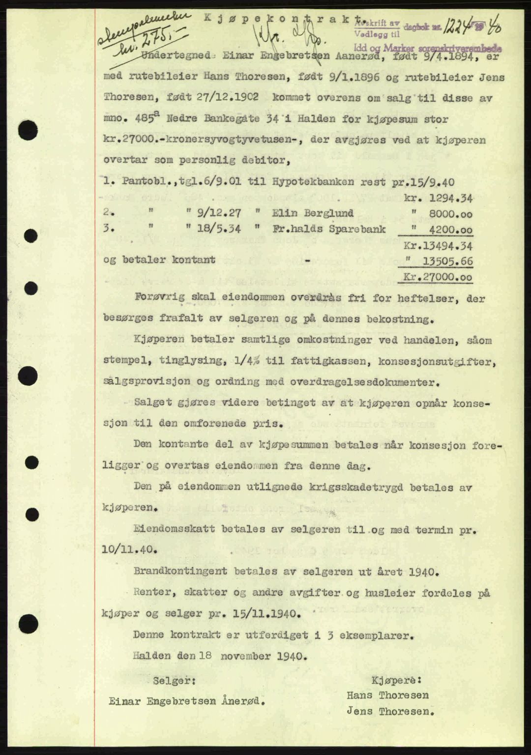 Idd og Marker sorenskriveri, AV/SAO-A-10283/G/Gb/Gbb/L0004: Pantebok nr. A4, 1940-1941, Dagboknr: 1224/1940