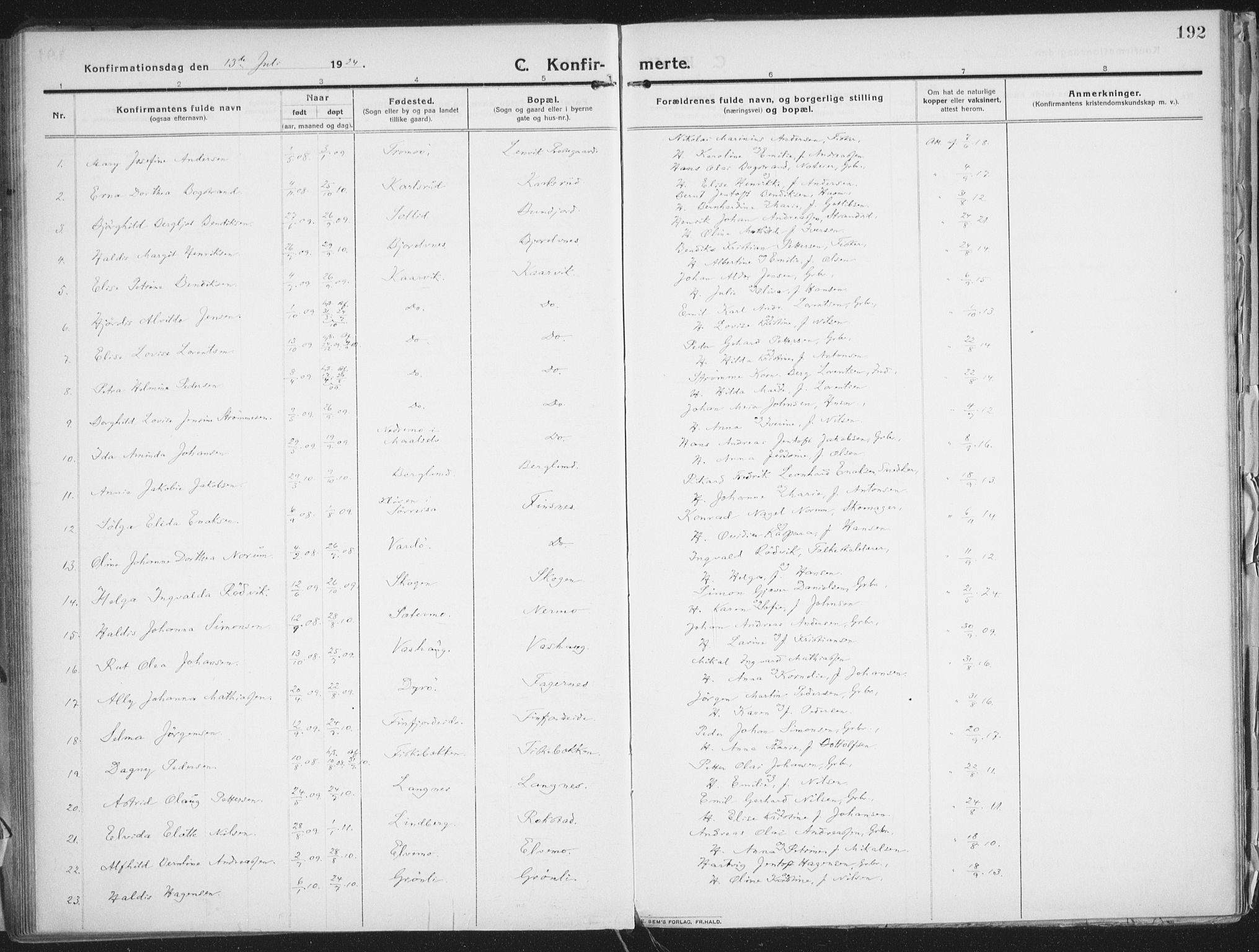 Lenvik sokneprestembete, AV/SATØ-S-1310/H/Ha/Haa/L0016kirke: Ministerialbok nr. 16, 1910-1924, s. 192