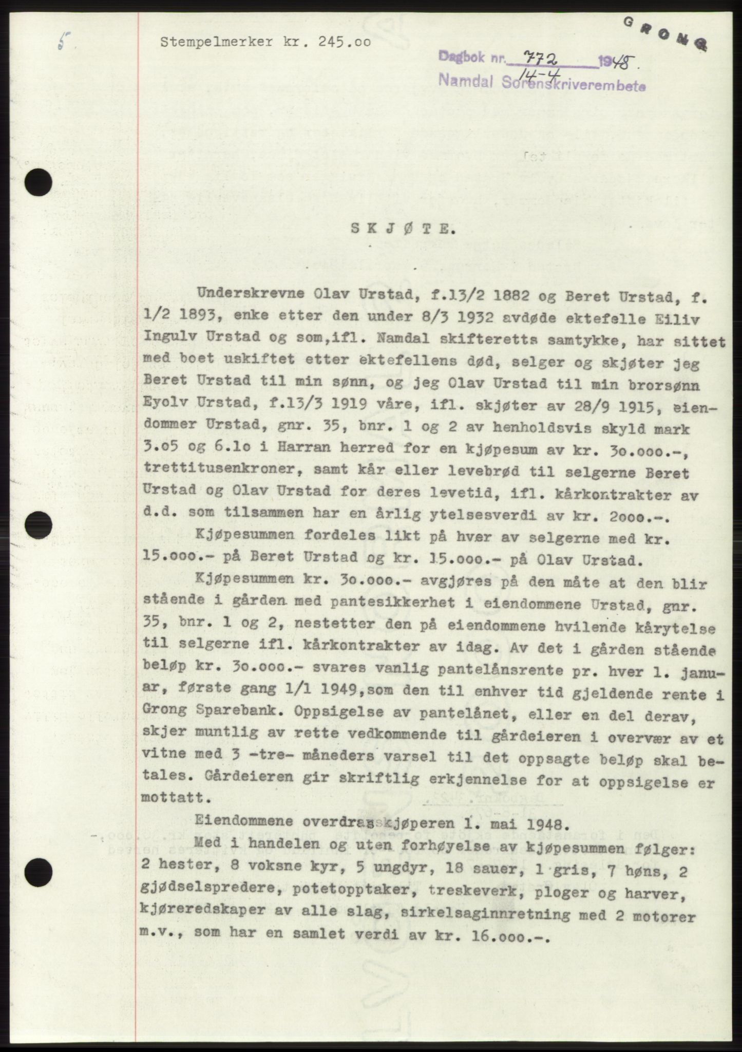 Namdal sorenskriveri, SAT/A-4133/1/2/2C: Pantebok nr. -, 1947-1948, Dagboknr: 772/1948