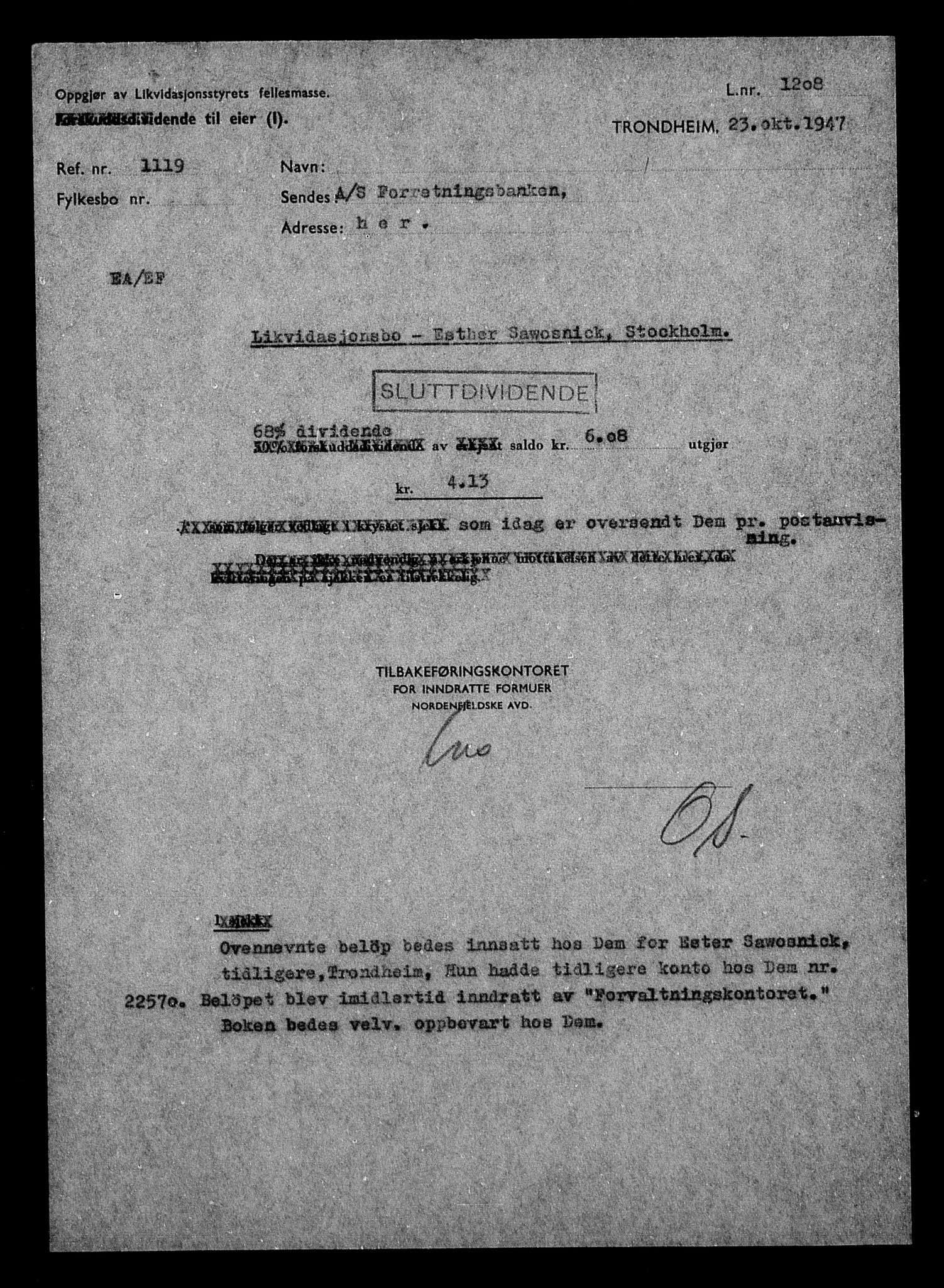 Justisdepartementet, Tilbakeføringskontoret for inndratte formuer, AV/RA-S-1564/H/Hc/Hca/L0908: --, 1945-1947, s. 9