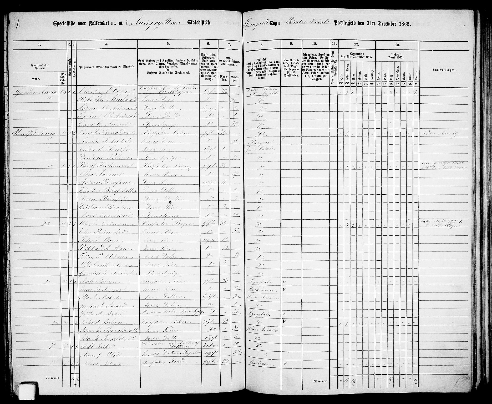 RA, Folketelling 1865 for 1029P Sør-Audnedal prestegjeld, 1865, s. 140