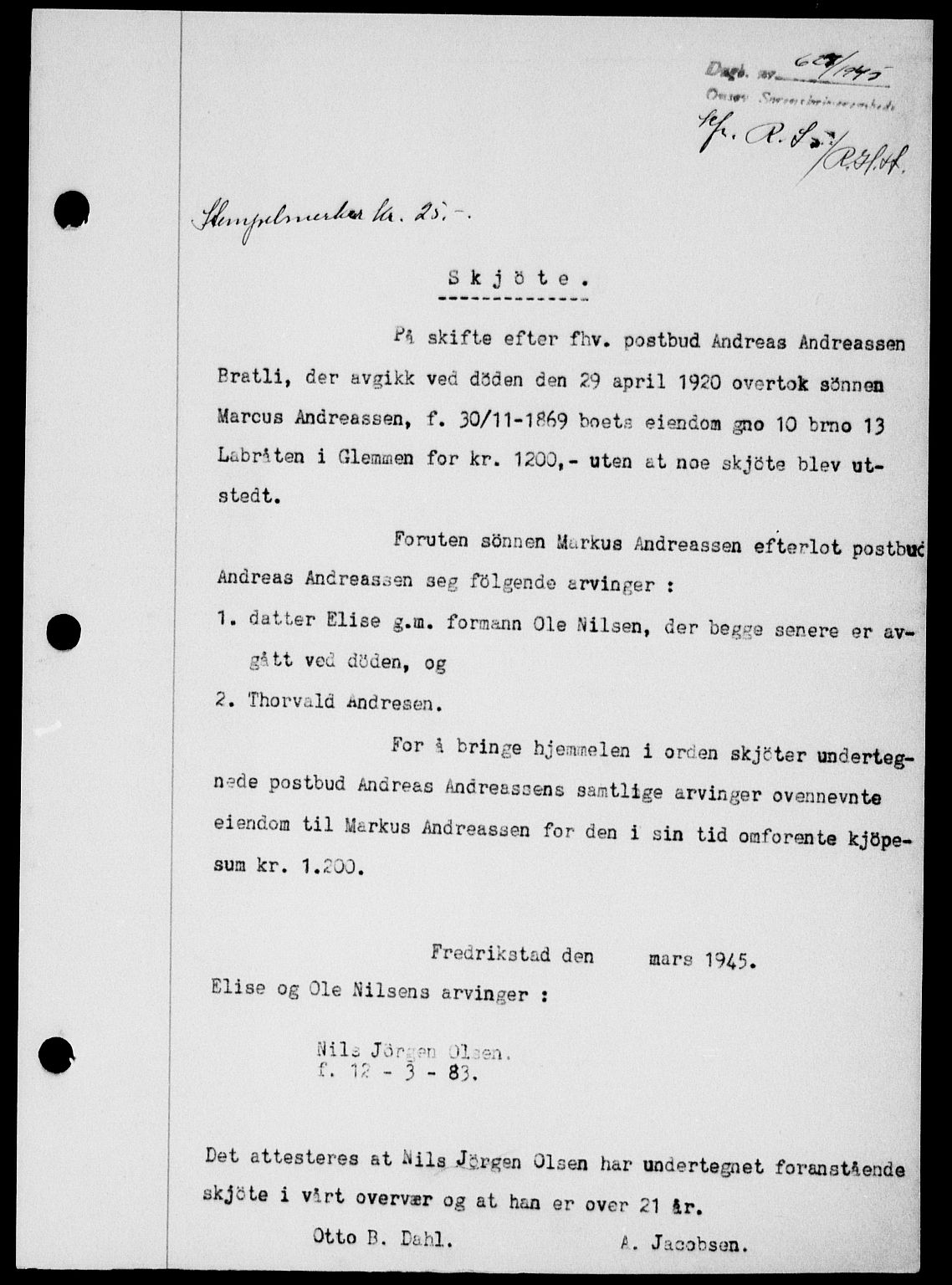 Onsøy sorenskriveri, SAO/A-10474/G/Ga/Gab/L0014: Pantebok nr. II A-14, 1944-1945, Dagboknr: 627/1945