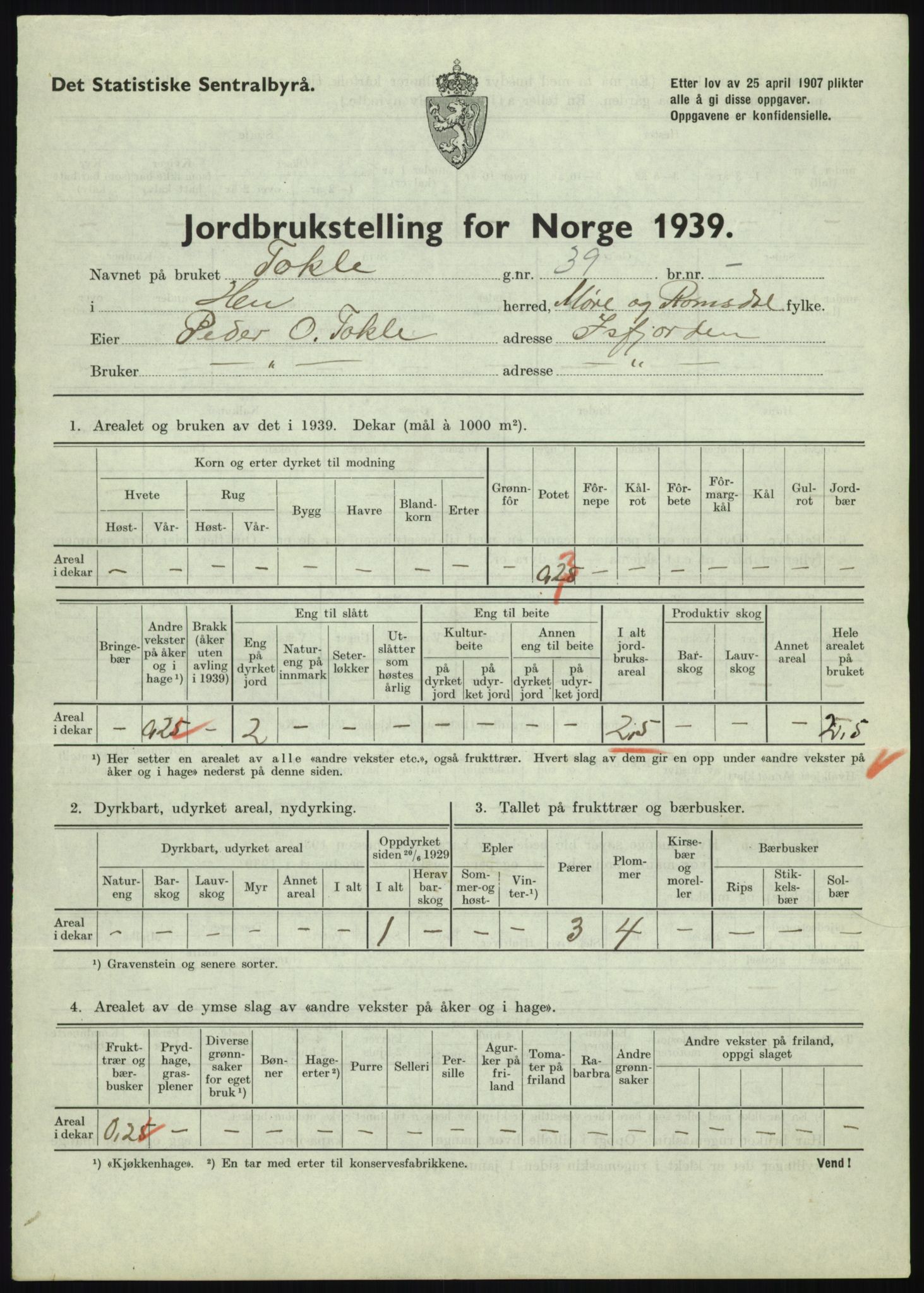 Statistisk sentralbyrå, Næringsøkonomiske emner, Jordbruk, skogbruk, jakt, fiske og fangst, AV/RA-S-2234/G/Gb/L0251: Møre og Romsdal: Voll, Eid, Grytten og Hen, 1939, s. 1061