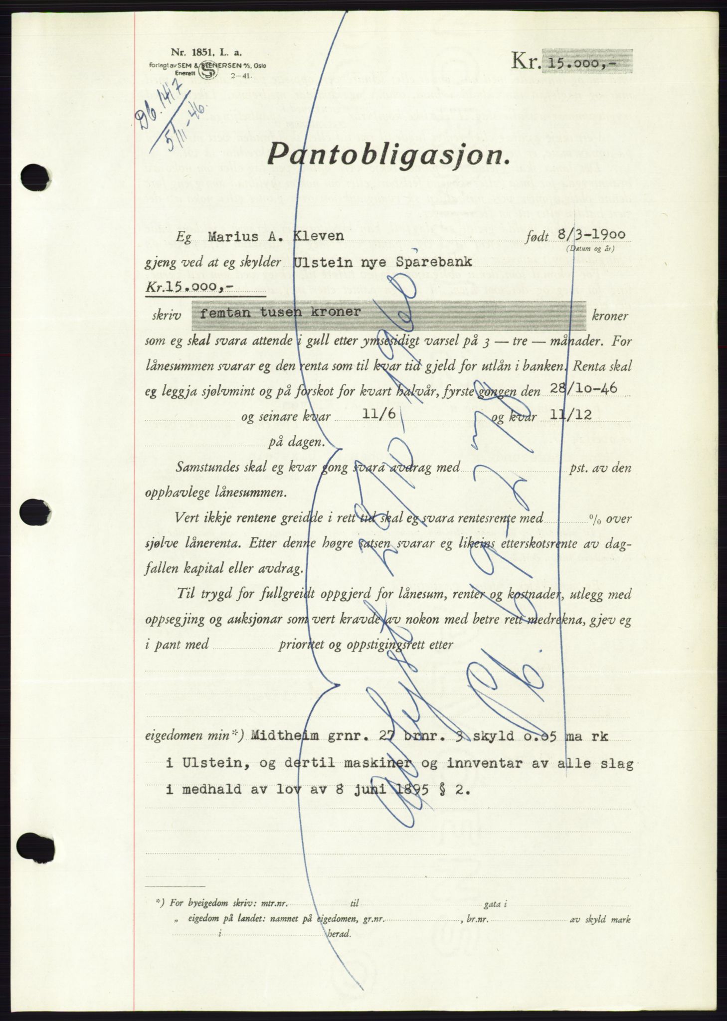 Søre Sunnmøre sorenskriveri, AV/SAT-A-4122/1/2/2C/L0114: Pantebok nr. 1-2B, 1943-1947, Dagboknr: 1417/1946