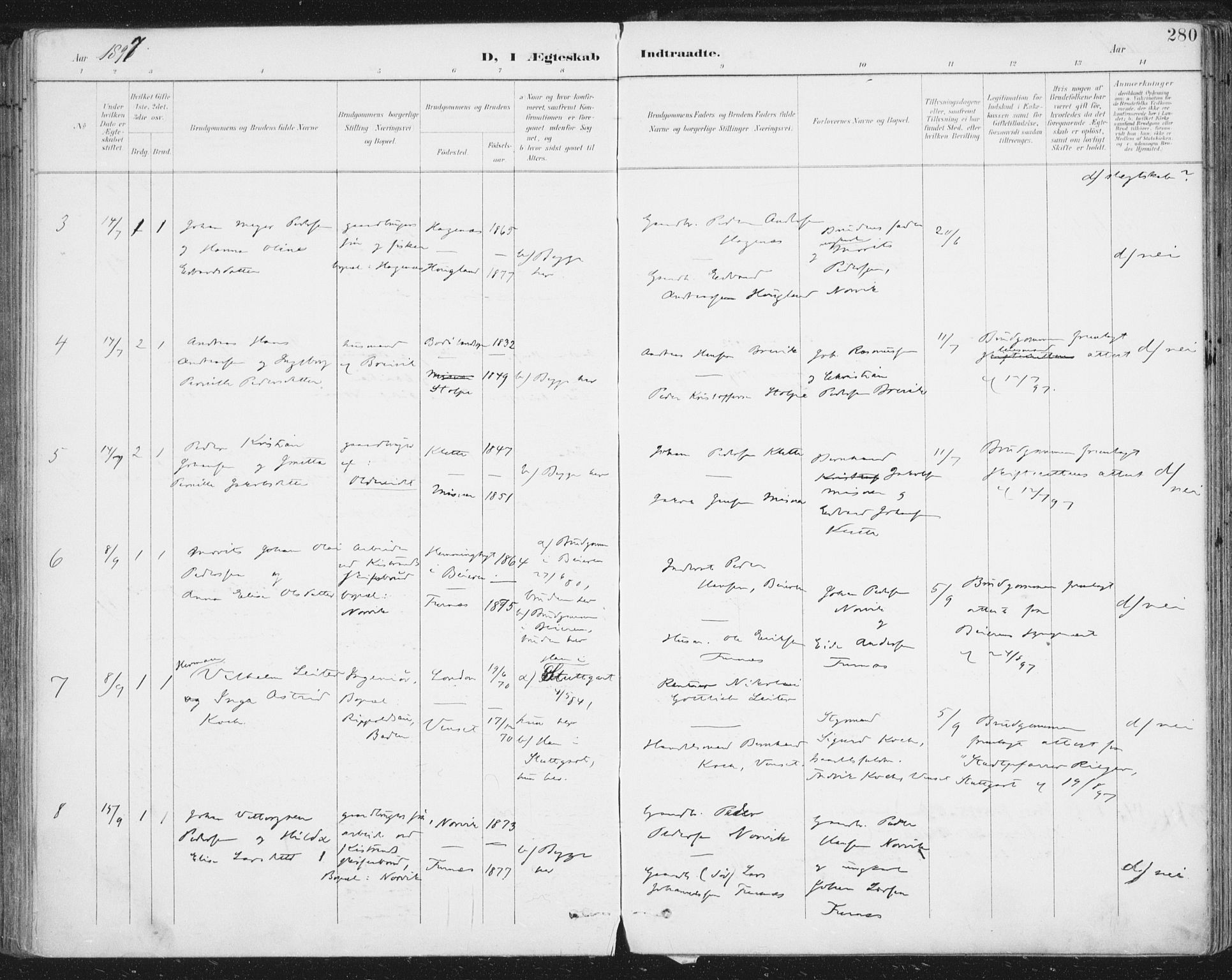 Ministerialprotokoller, klokkerbøker og fødselsregistre - Nordland, SAT/A-1459/852/L0741: Ministerialbok nr. 852A11, 1894-1917, s. 280