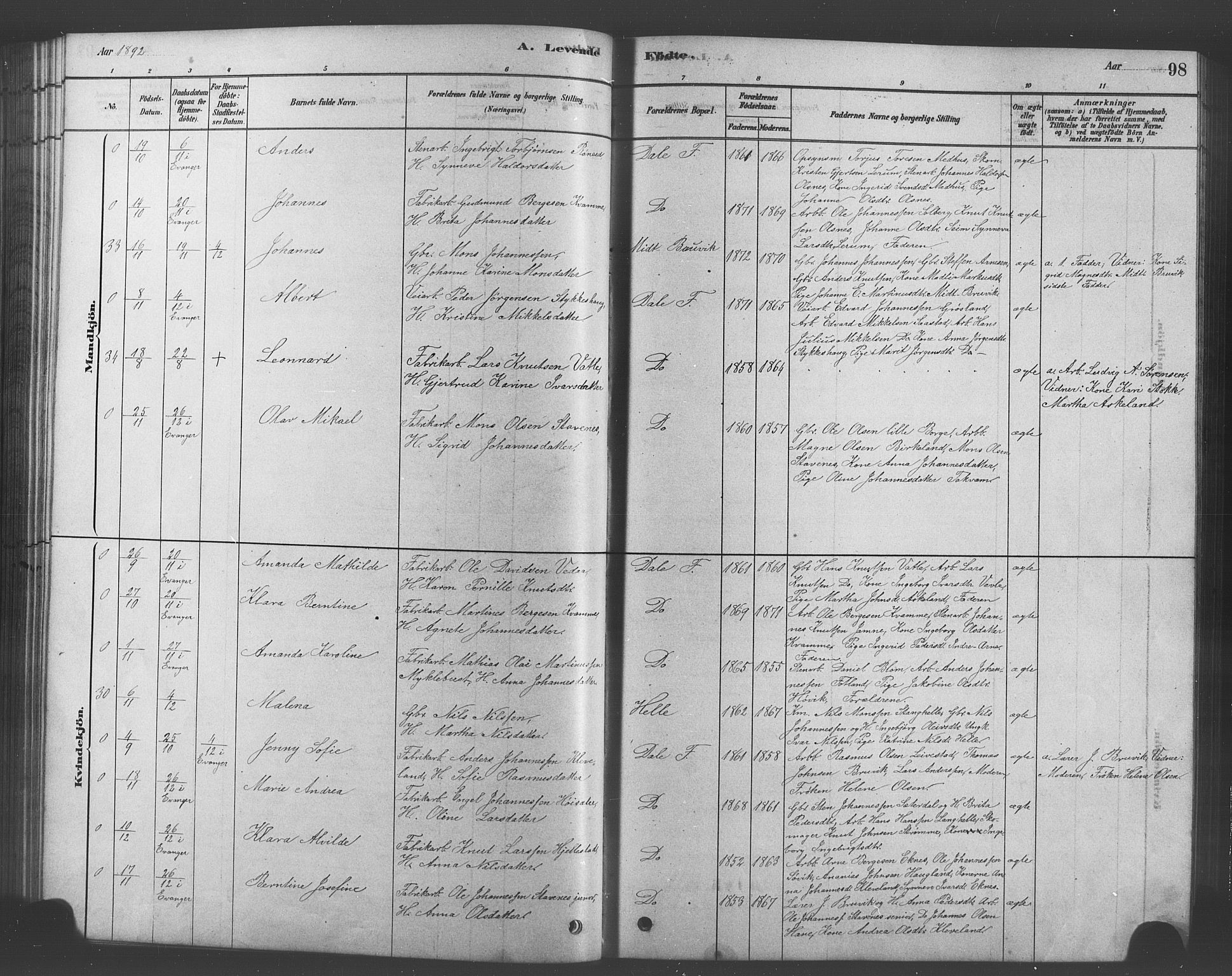 Bruvik Sokneprestembete, AV/SAB-A-74701/H/Hab: Klokkerbok nr. A 1, 1878-1907, s. 98