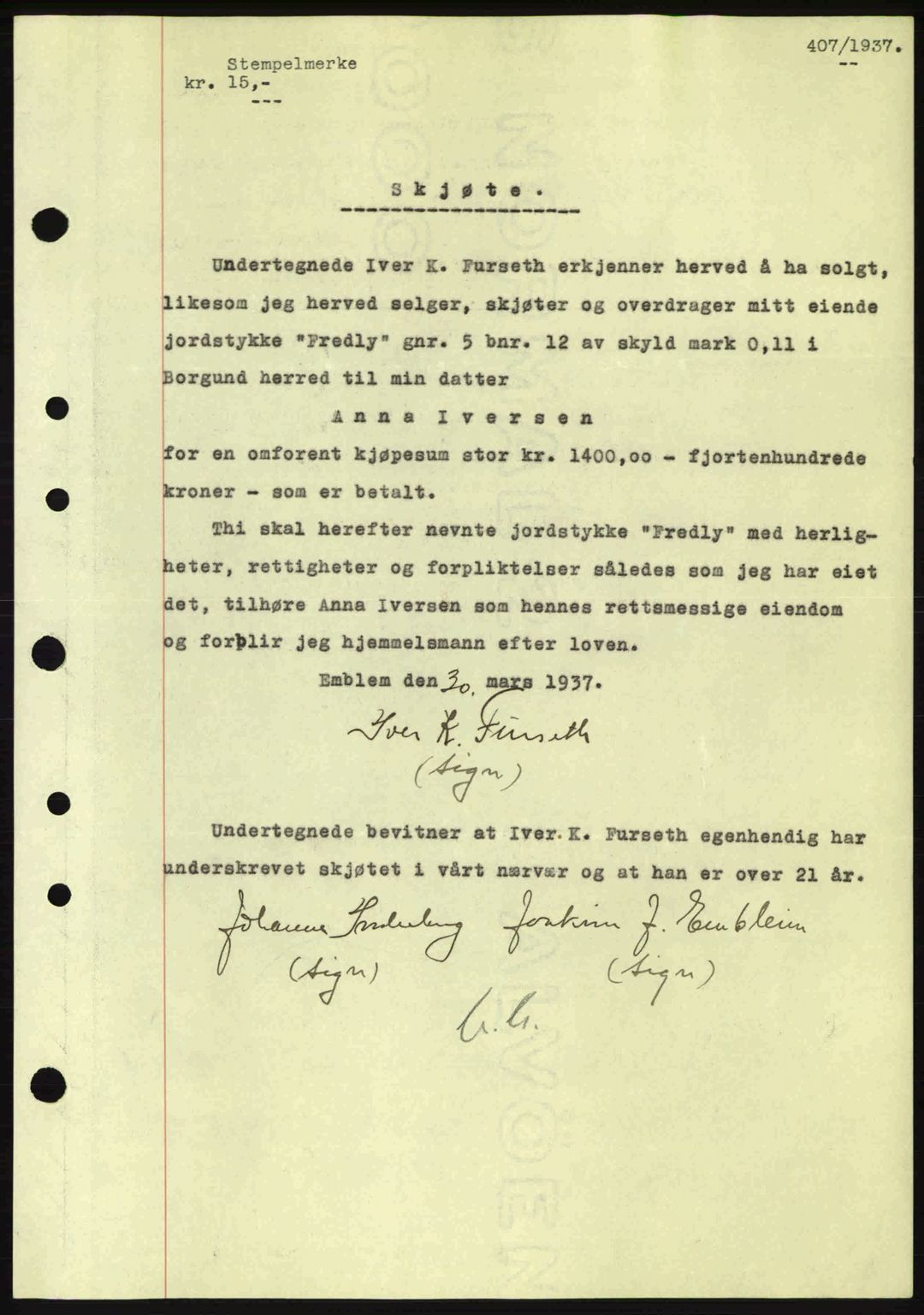 Nordre Sunnmøre sorenskriveri, SAT/A-0006/1/2/2C/2Ca: Pantebok nr. A2, 1936-1937, Dagboknr: 407/1937