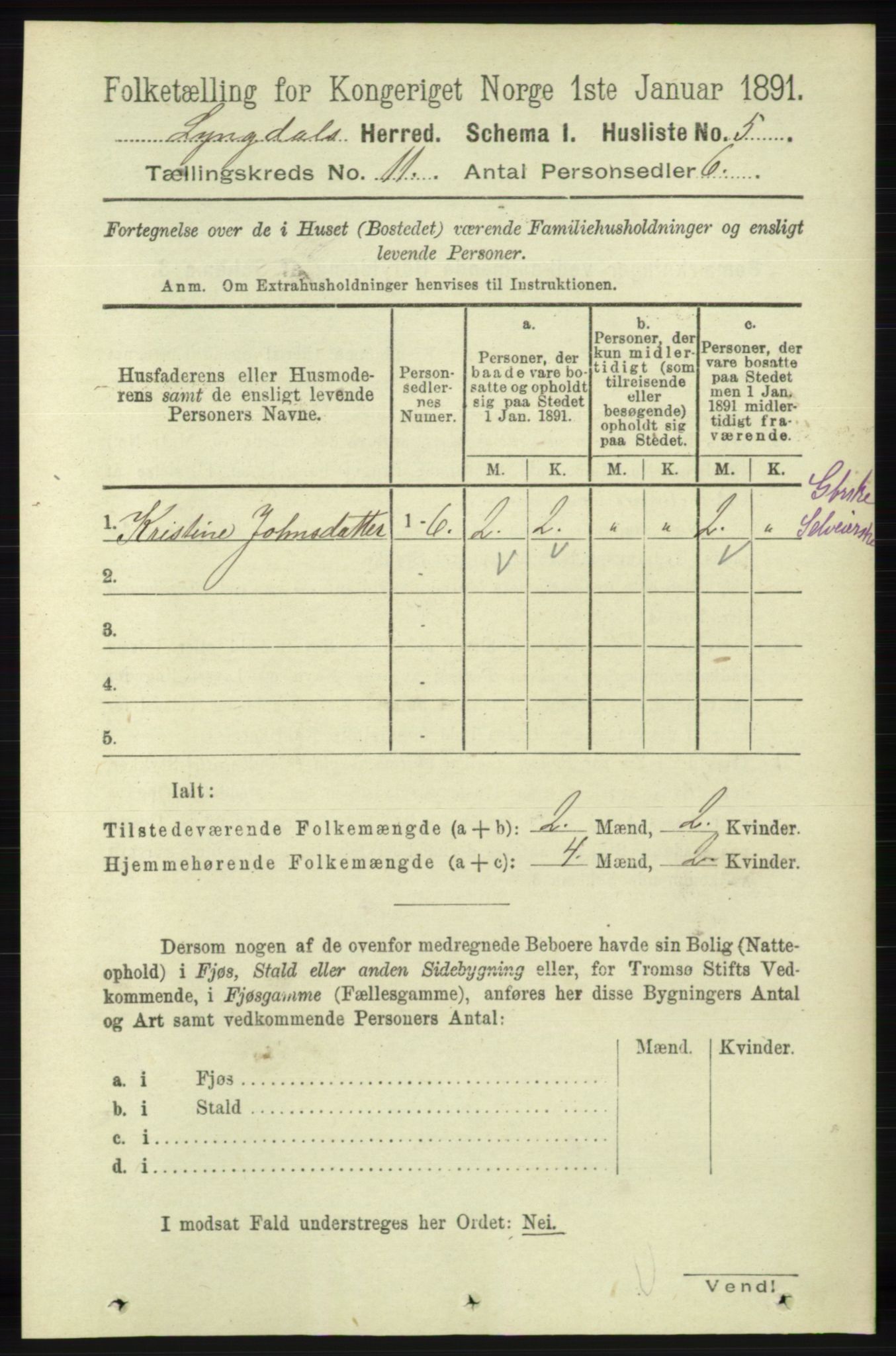 RA, Folketelling 1891 for 1032 Lyngdal herred, 1891, s. 4736