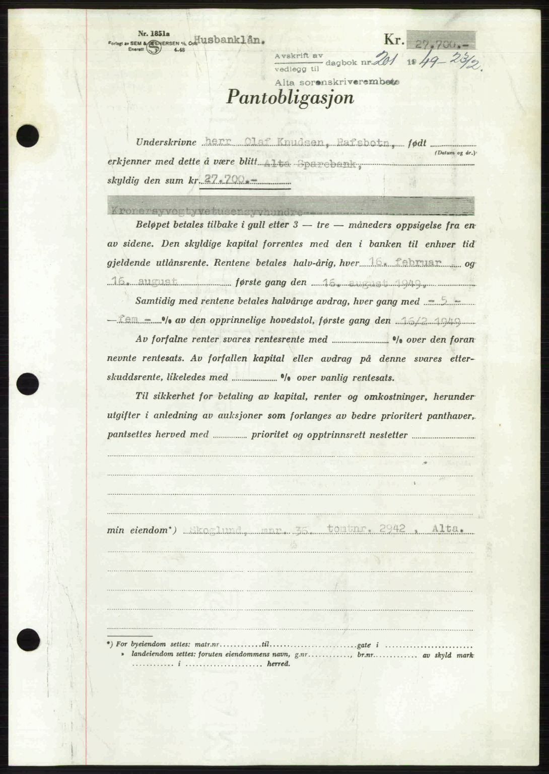 Alta fogderi/sorenskriveri, SATØ/SATØ-5/1/K/Kd/L0037pantebok: Pantebok nr. 39-40, 1948-1949, Dagboknr: 201/1949