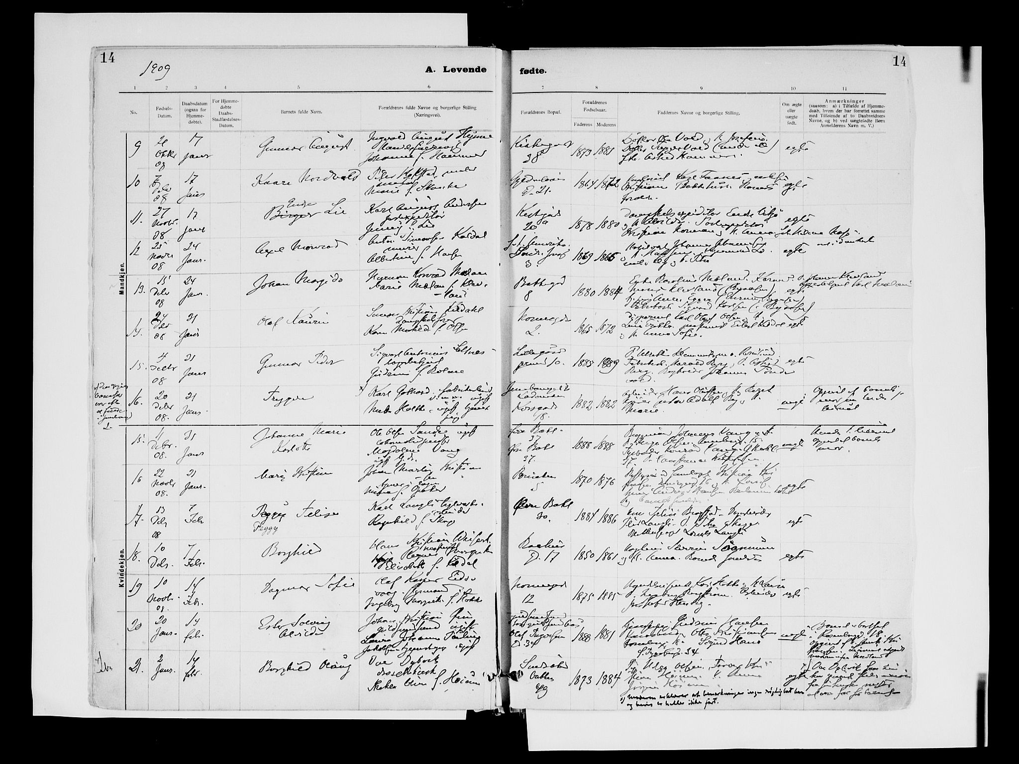 Ministerialprotokoller, klokkerbøker og fødselsregistre - Sør-Trøndelag, SAT/A-1456/604/L0203: Ministerialbok nr. 604A23, 1908-1916, s. 14