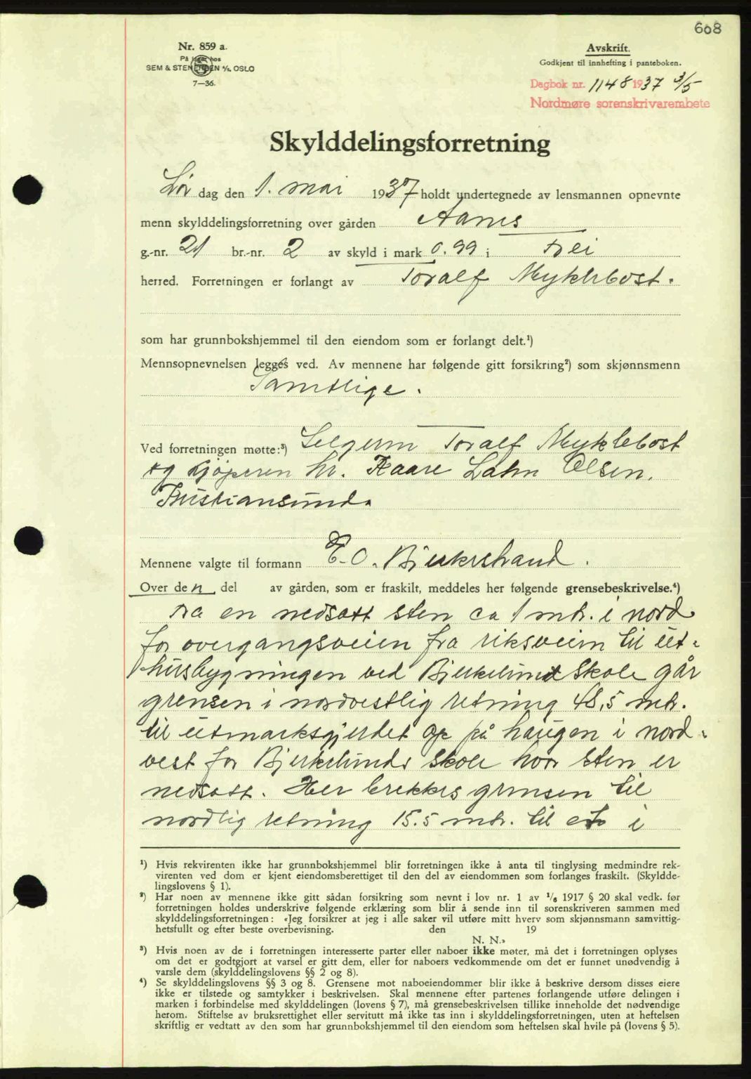 Nordmøre sorenskriveri, SAT/A-4132/1/2/2Ca: Pantebok nr. A81, 1937-1937, Dagboknr: 1148/1937