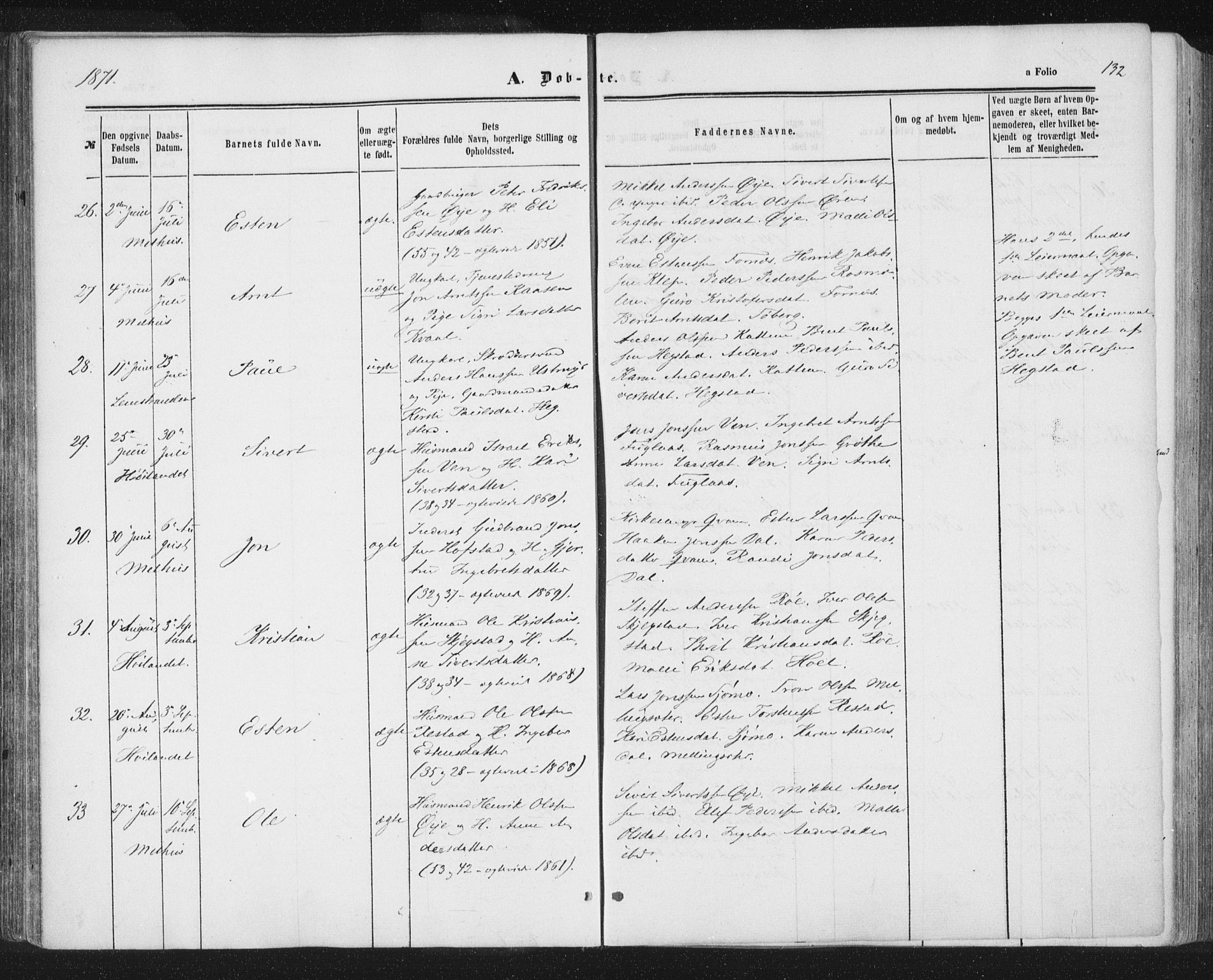 Ministerialprotokoller, klokkerbøker og fødselsregistre - Sør-Trøndelag, SAT/A-1456/691/L1077: Ministerialbok nr. 691A09, 1862-1873, s. 132