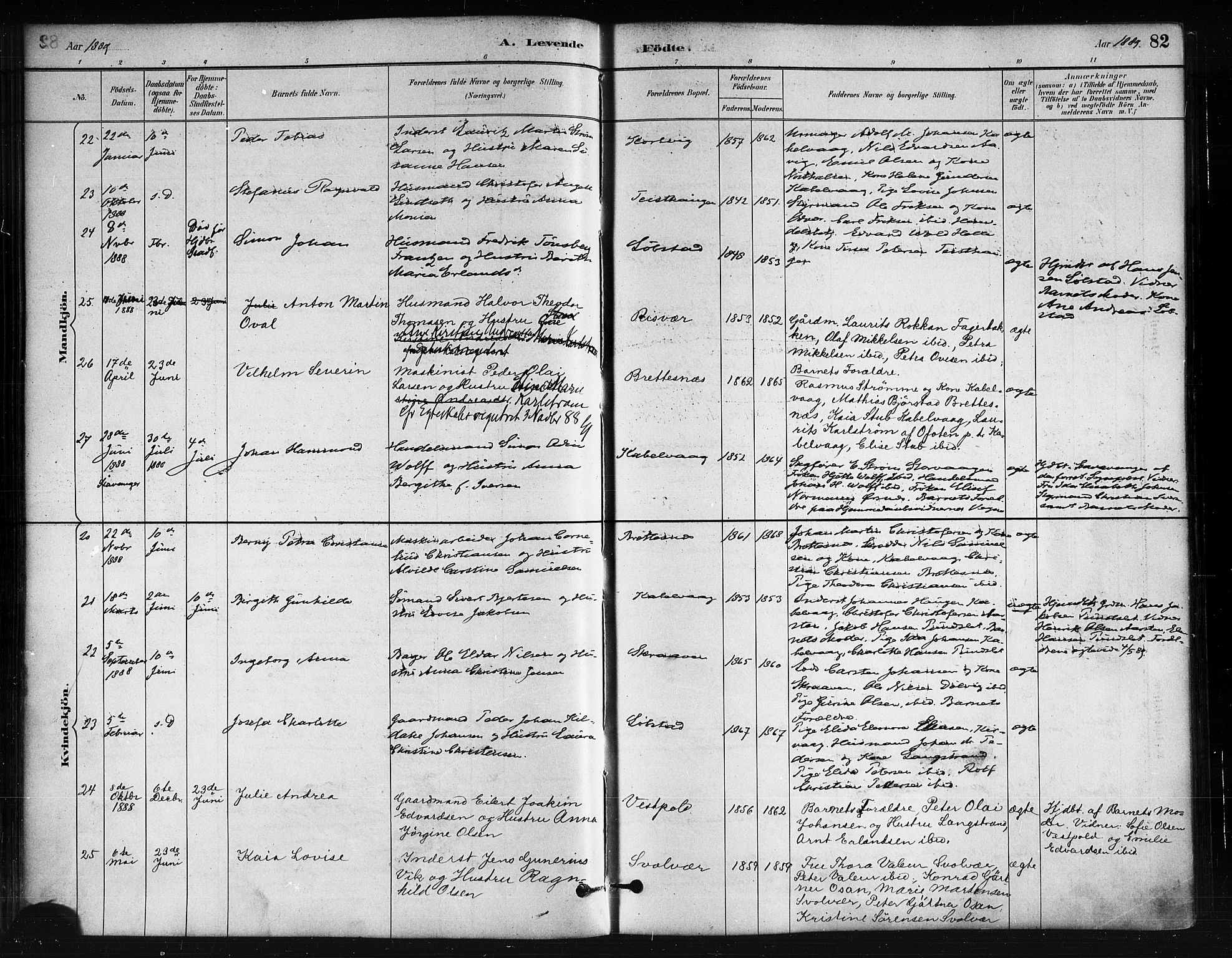 Ministerialprotokoller, klokkerbøker og fødselsregistre - Nordland, SAT/A-1459/874/L1059: Ministerialbok nr. 874A03, 1884-1890, s. 82