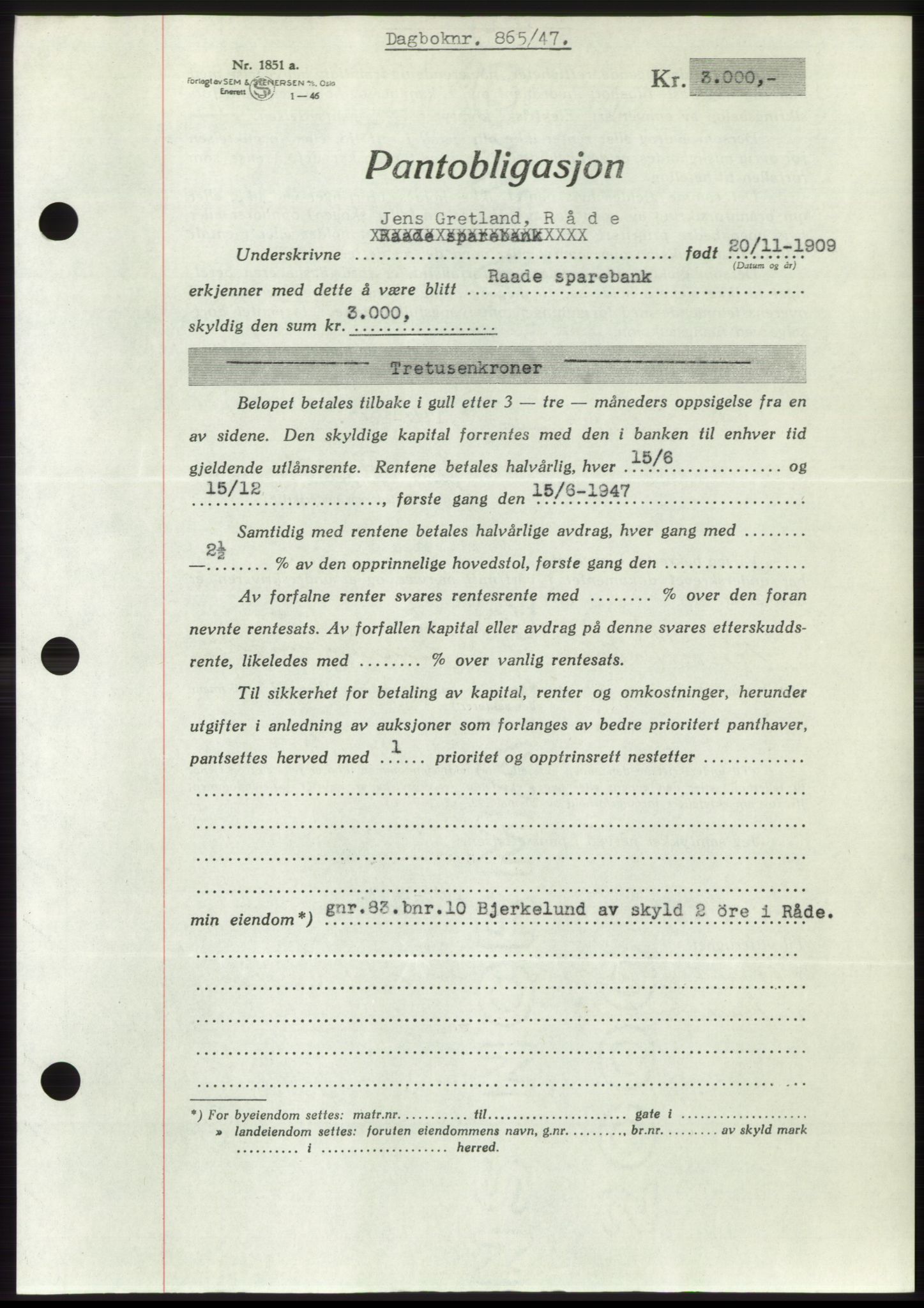 Moss sorenskriveri, SAO/A-10168: Pantebok nr. B17, 1947-1947, Dagboknr: 865/1947