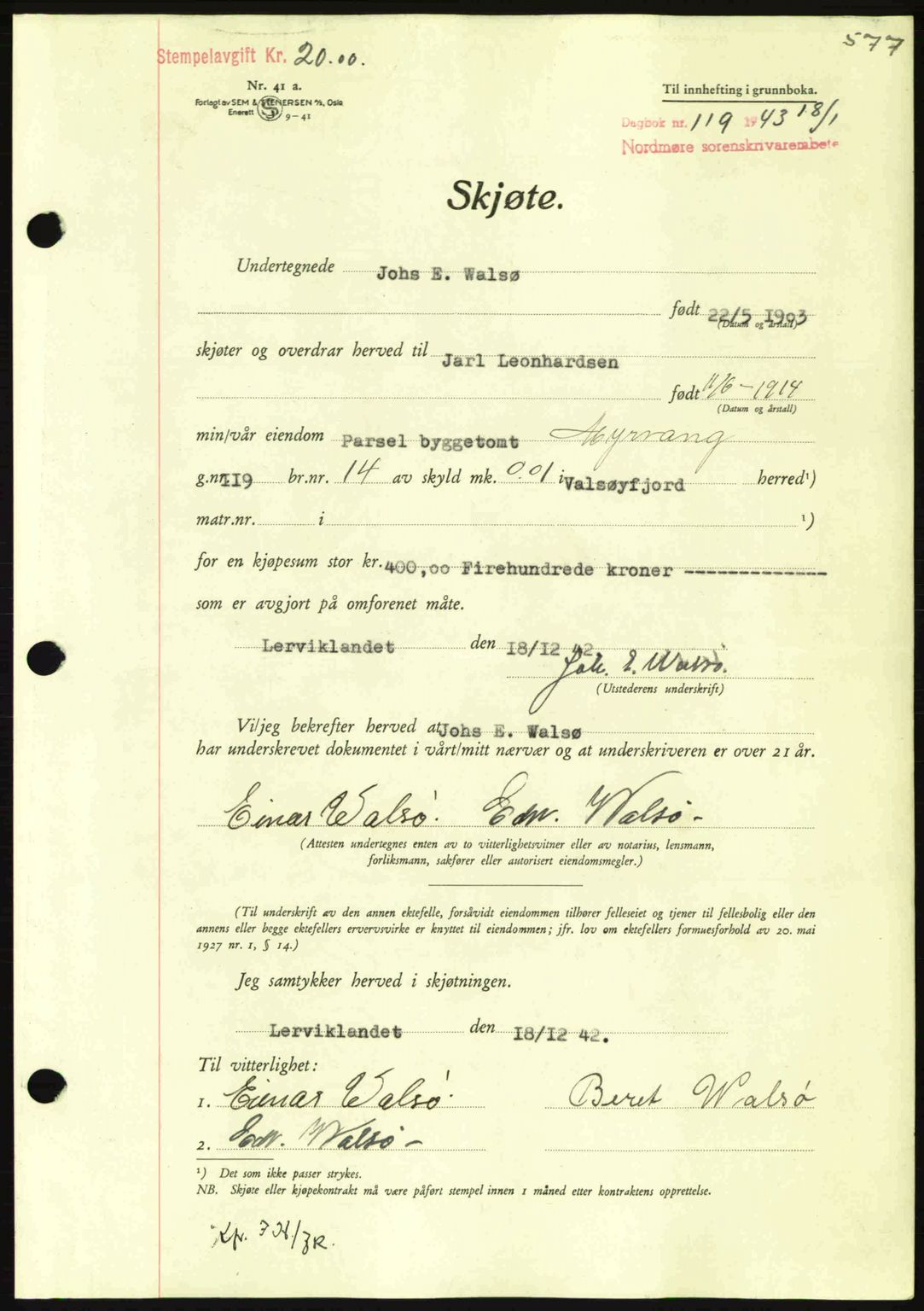 Nordmøre sorenskriveri, AV/SAT-A-4132/1/2/2Ca: Pantebok nr. A94, 1942-1943, Dagboknr: 119/1943