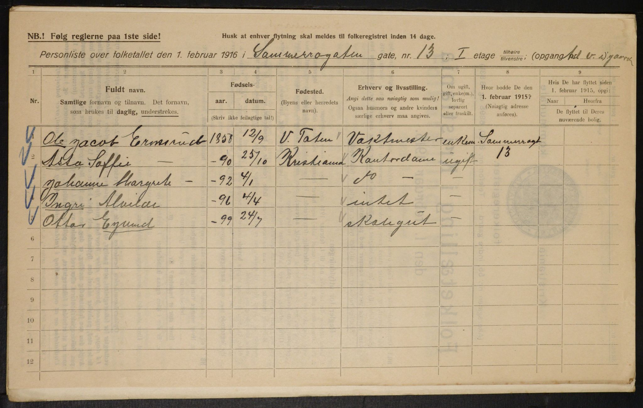 OBA, Kommunal folketelling 1.2.1916 for Kristiania, 1916, s. 102223