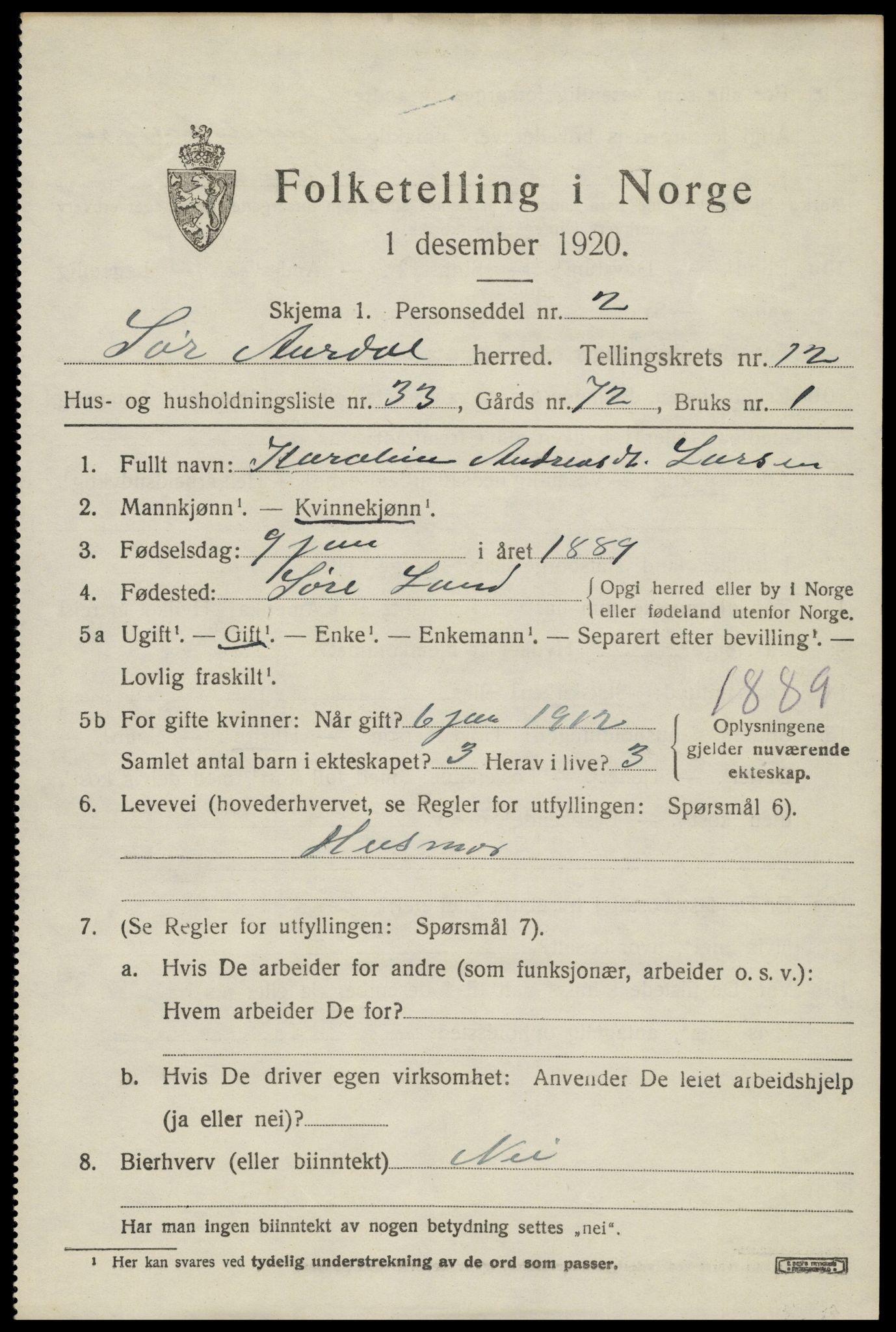 SAH, Folketelling 1920 for 0540 Sør-Aurdal herred, 1920, s. 7119