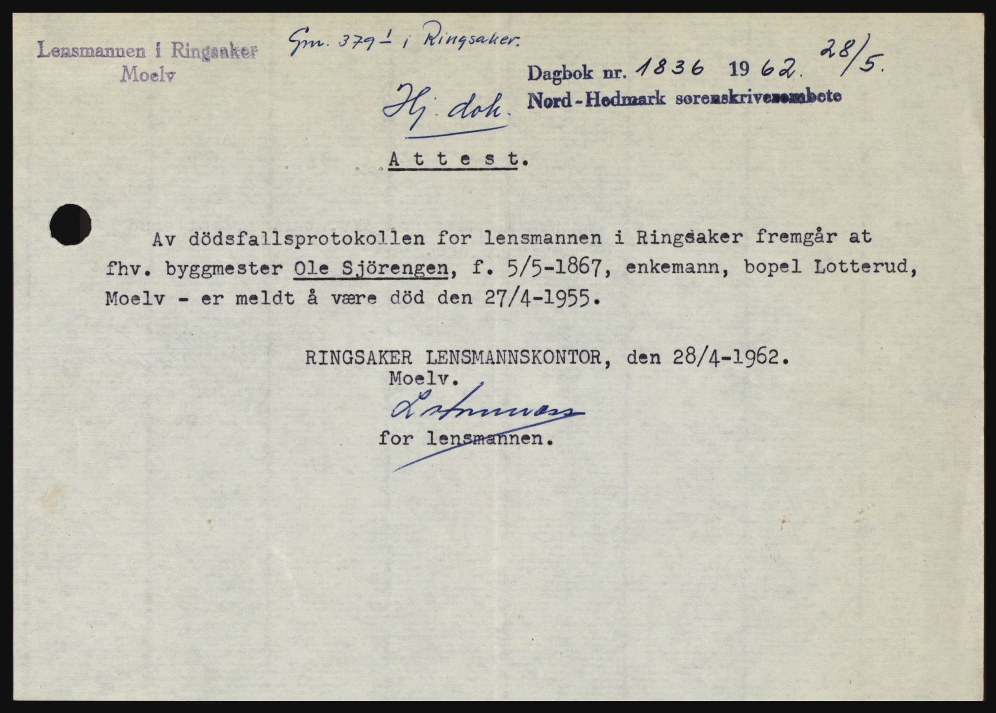 Nord-Hedmark sorenskriveri, SAH/TING-012/H/Hc/L0016: Pantebok nr. 16, 1962-1962, Dagboknr: 1836/1962