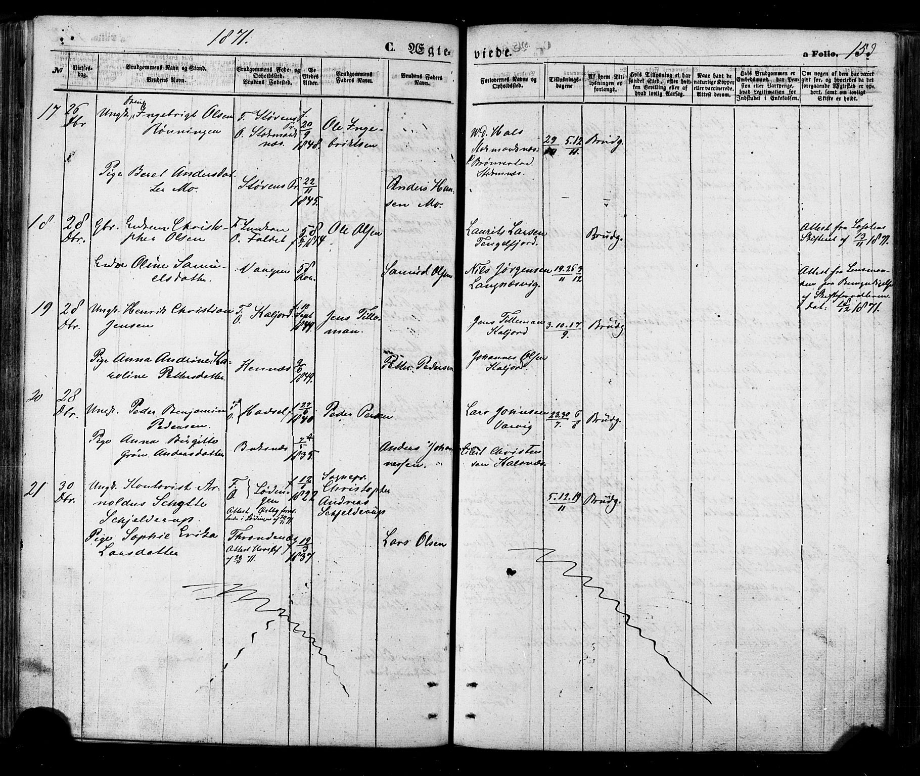 Ministerialprotokoller, klokkerbøker og fødselsregistre - Nordland, AV/SAT-A-1459/888/L1242: Ministerialbok nr. 888A08, 1870-1875, s. 153