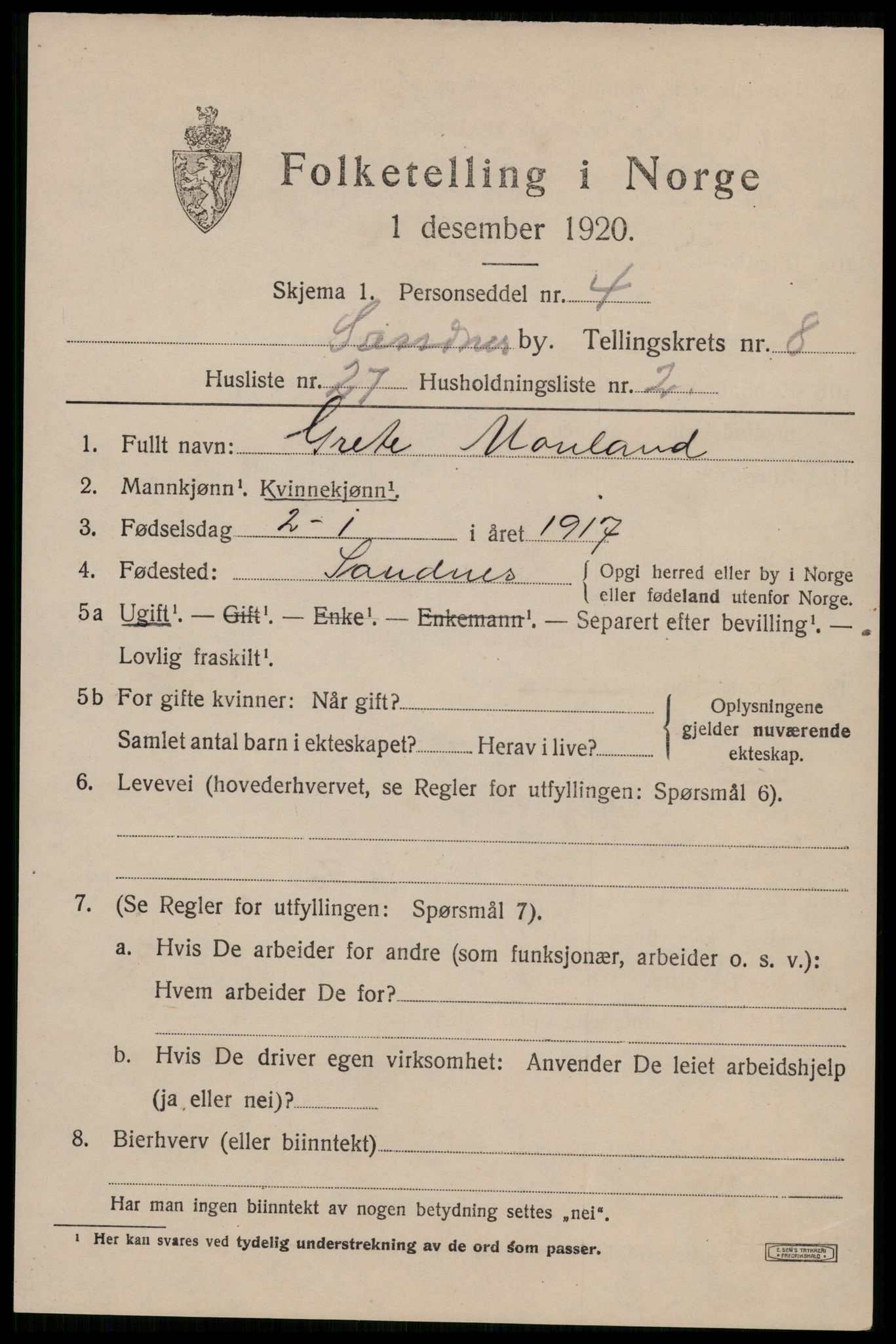 SAST, Folketelling 1920 for 1102 Sandnes ladested, 1920, s. 6178